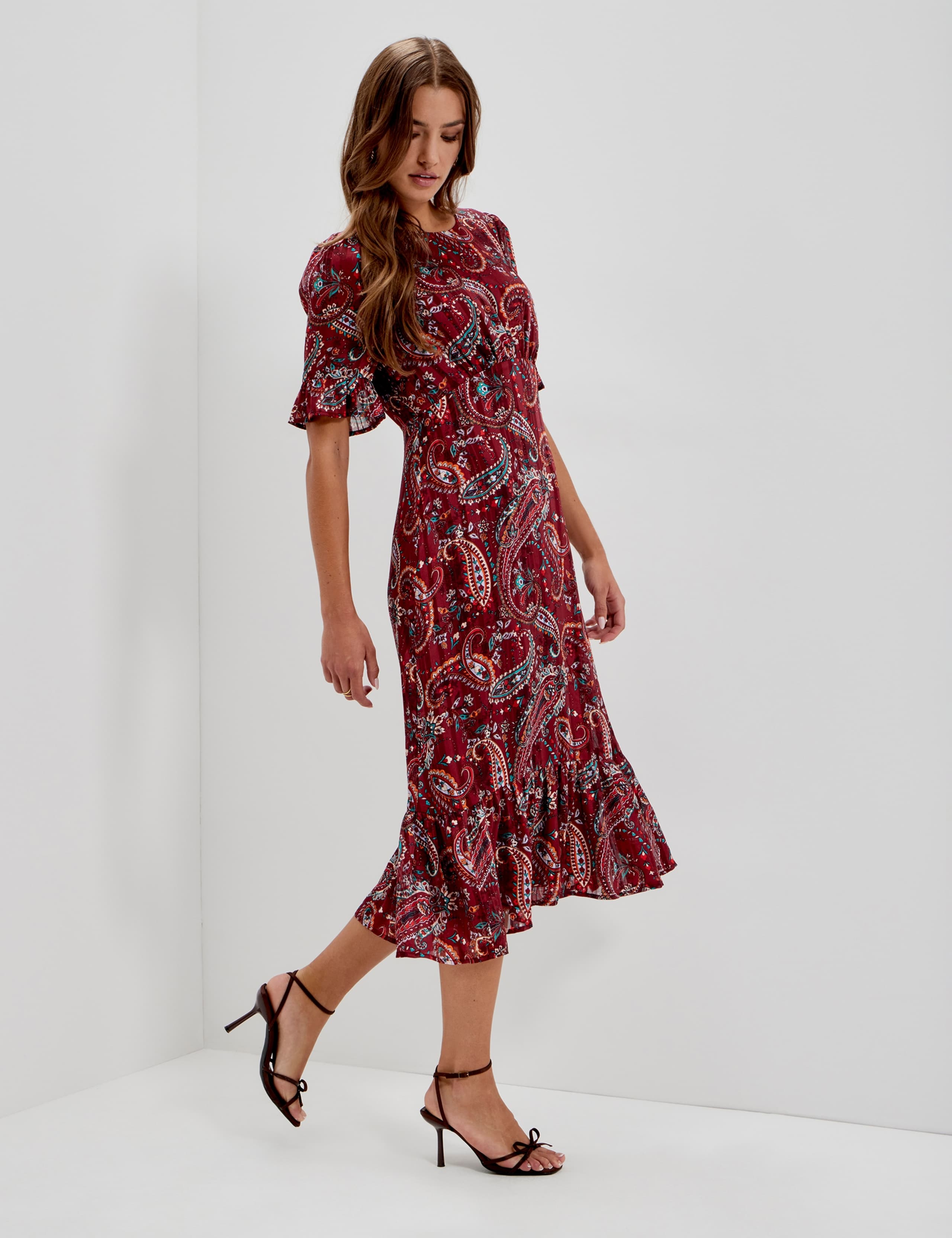Chiffon Paisley Round Neck Keyhole Midi Dress 8 of 12