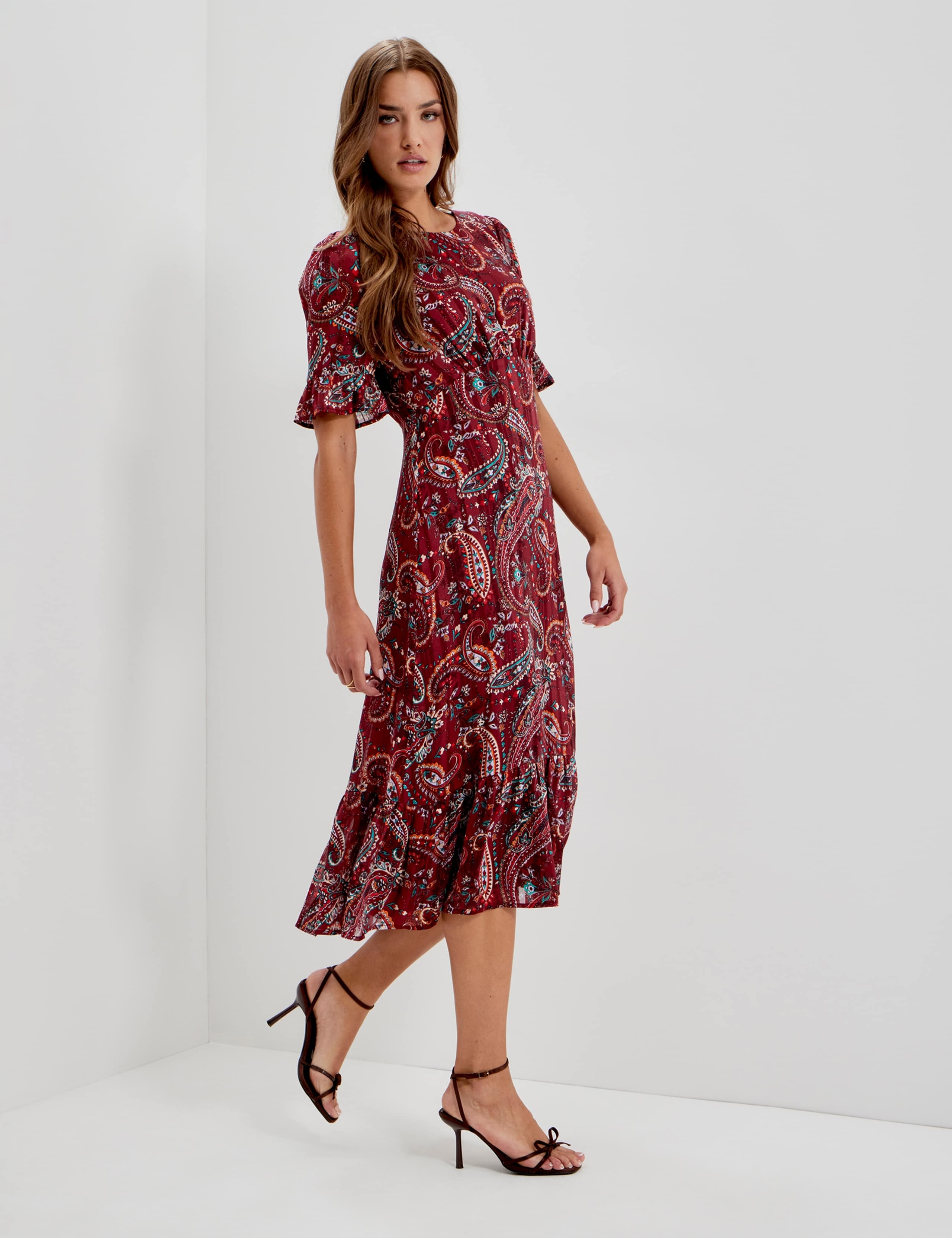 Chiffon Paisley Round Neck Keyhole Midi Dress 9 of 12