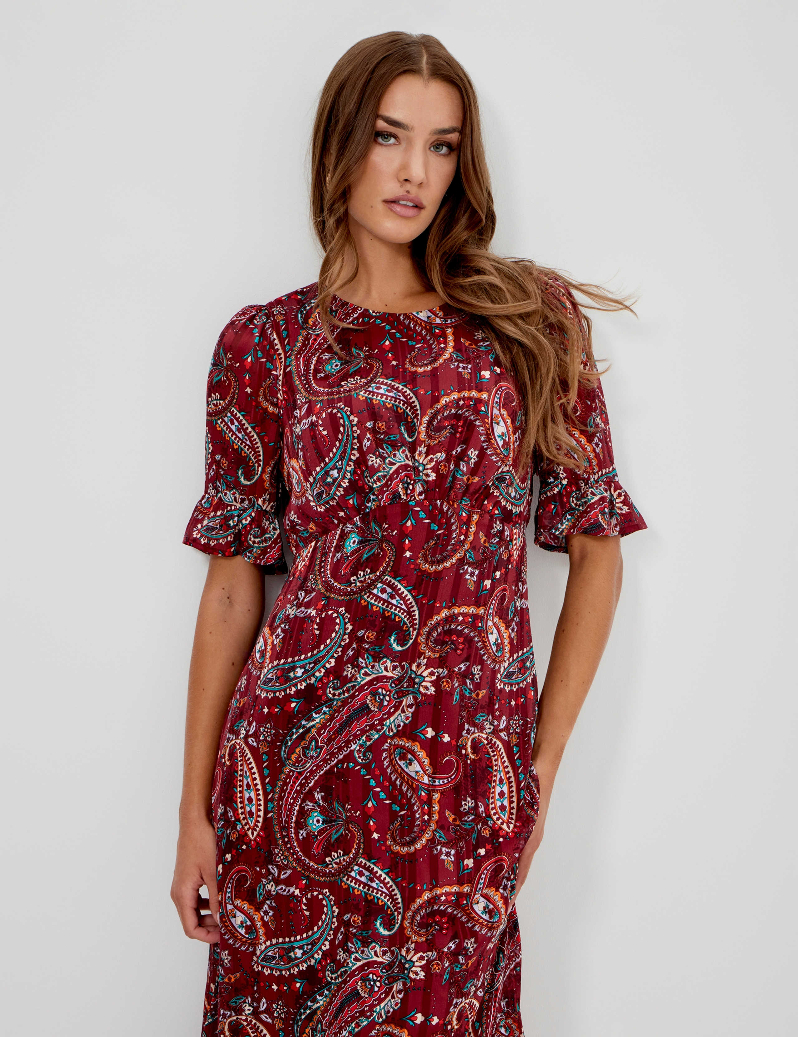 Chiffon Paisley Round Neck Keyhole Midi Dress 10 of 12