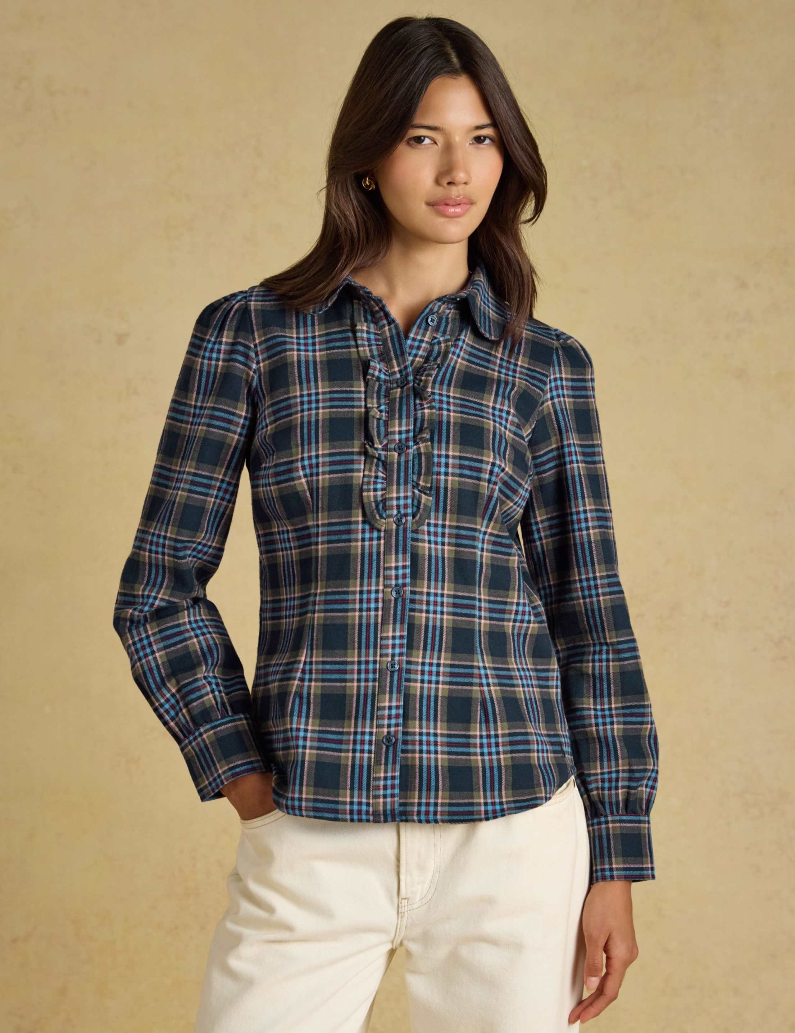 Pure Cotton Checked Peter Pan Collar Ruffle Shirt 1 of 6