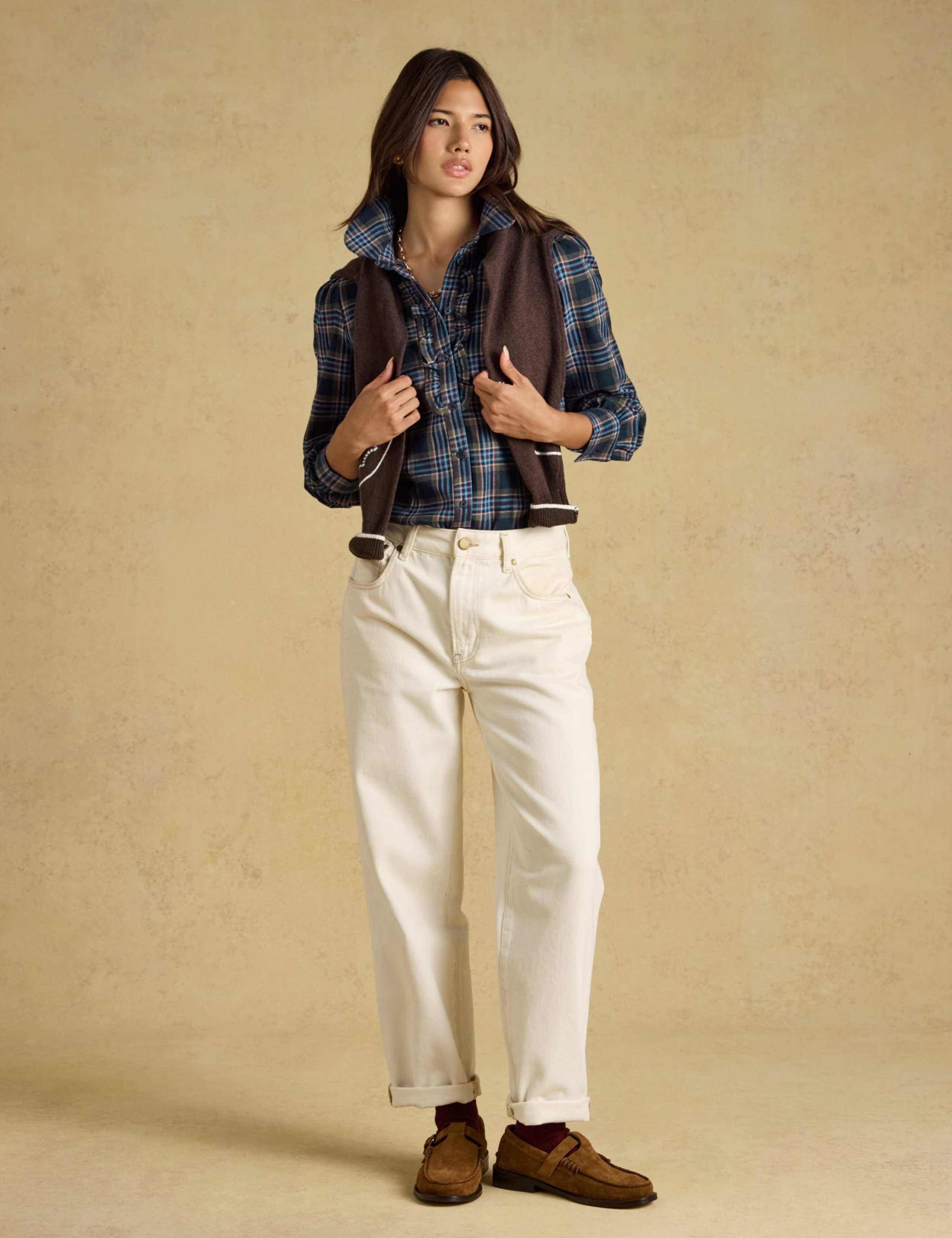 Pure Cotton Checked Peter Pan Collar Ruffle Shirt 3 of 6