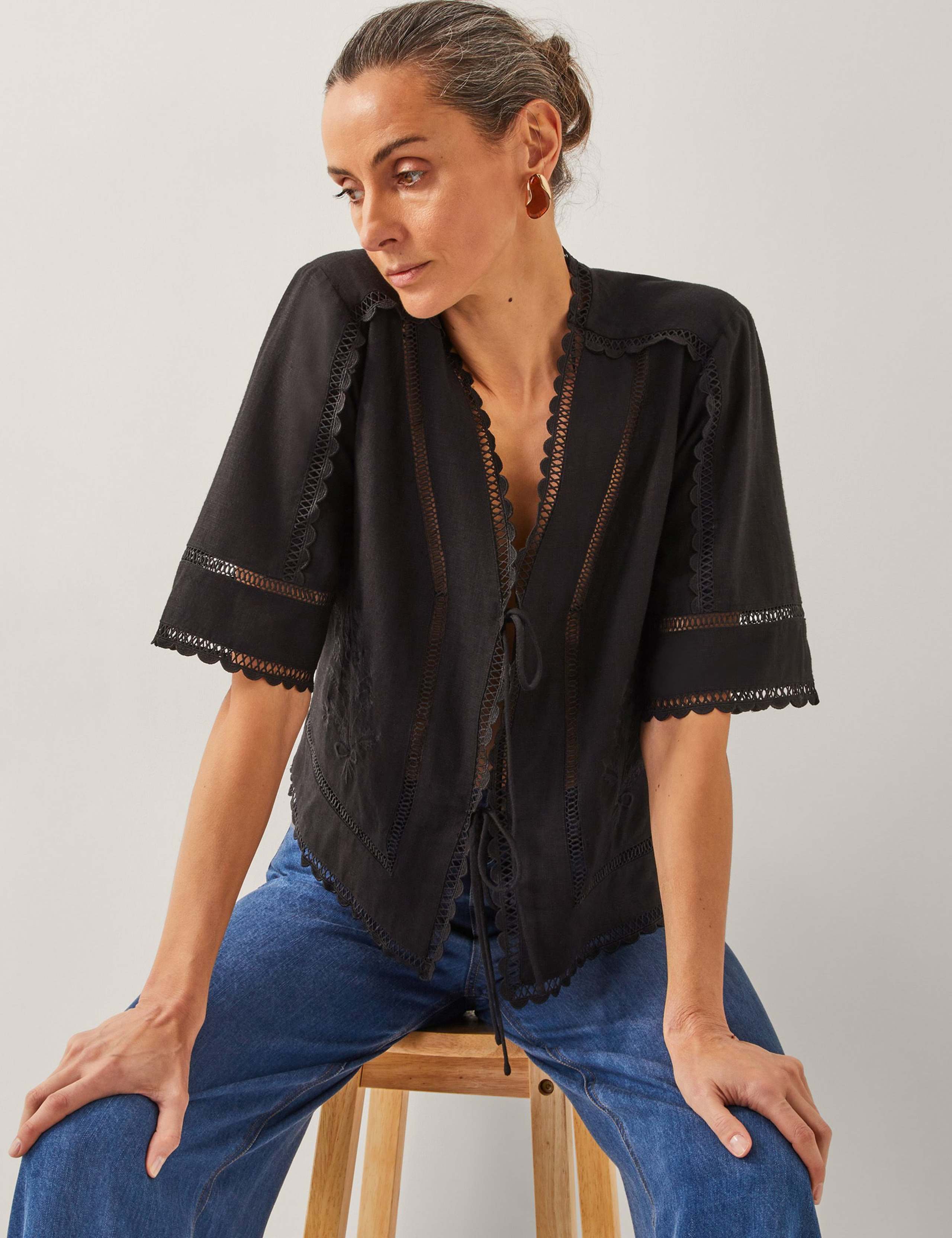 Broderie Tie Neck Blouse with Linen 4 of 4