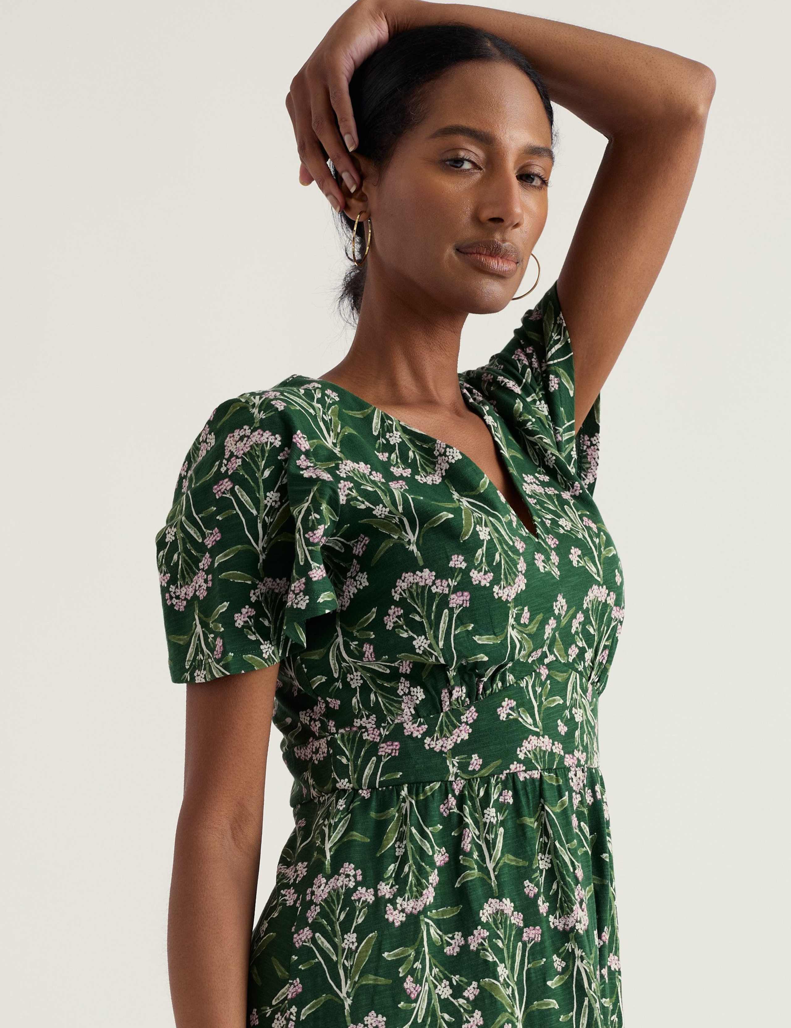 Pure Cotton Floral V-Neck Midi Waisted Dress 4 of 5