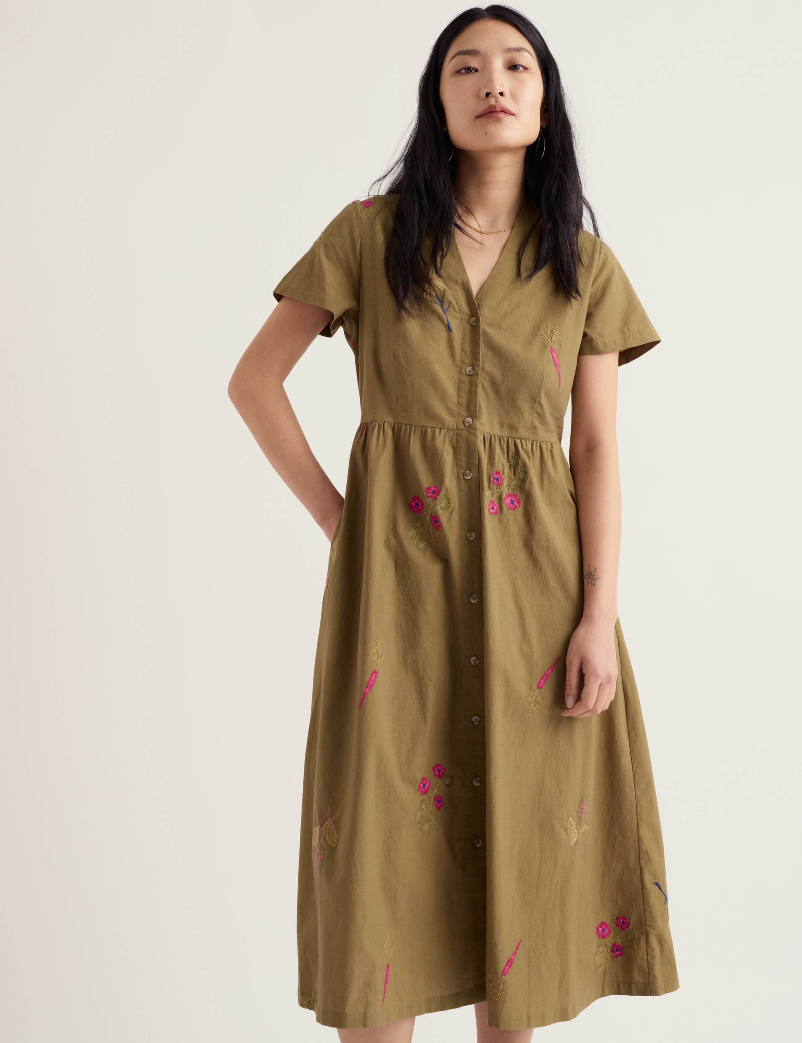 Pure Cotton Floral V-Neck Midi Shirt Dress 3 of 5