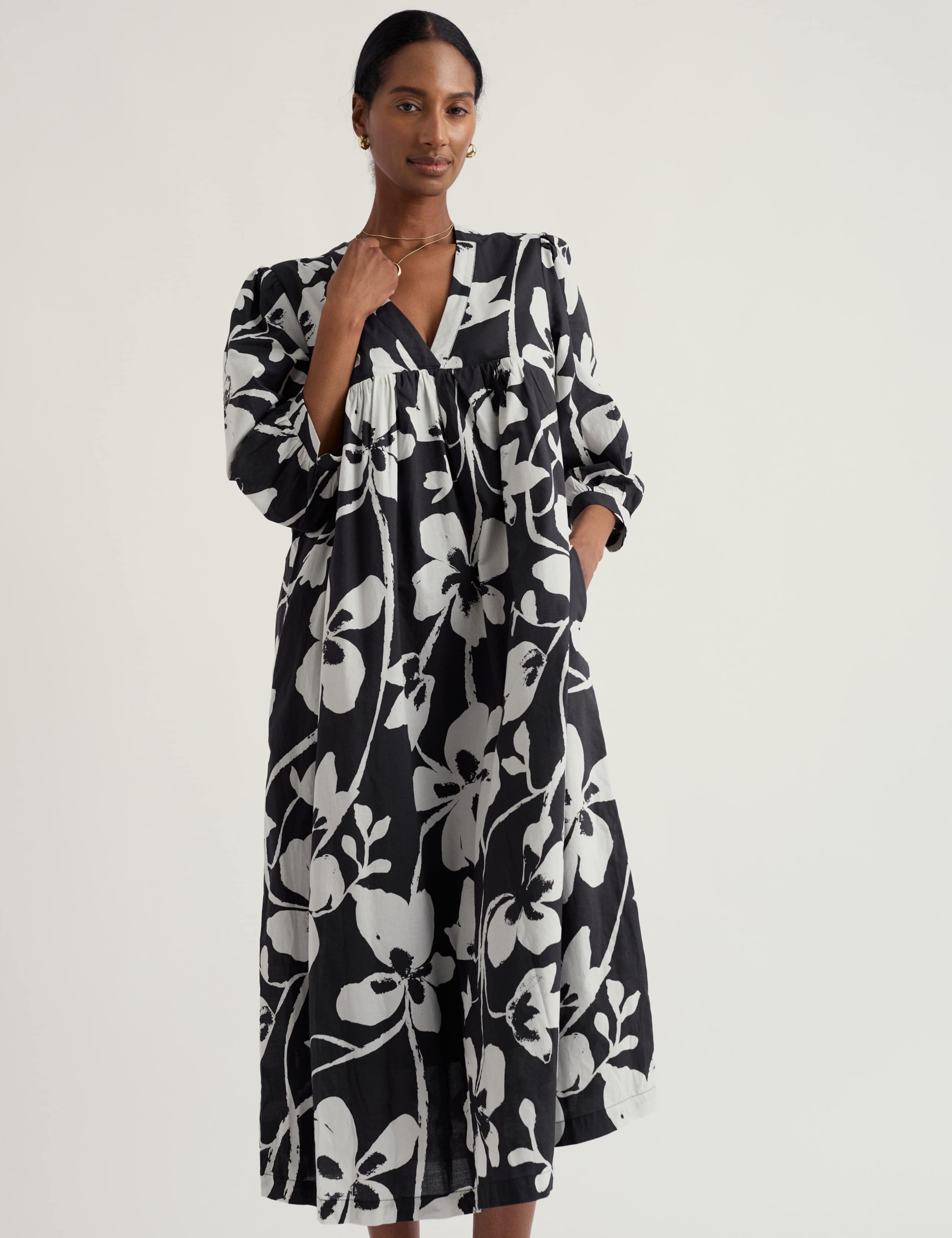 Pure Cotton Floral V-Neck Midi Smock Dress 3 of 5