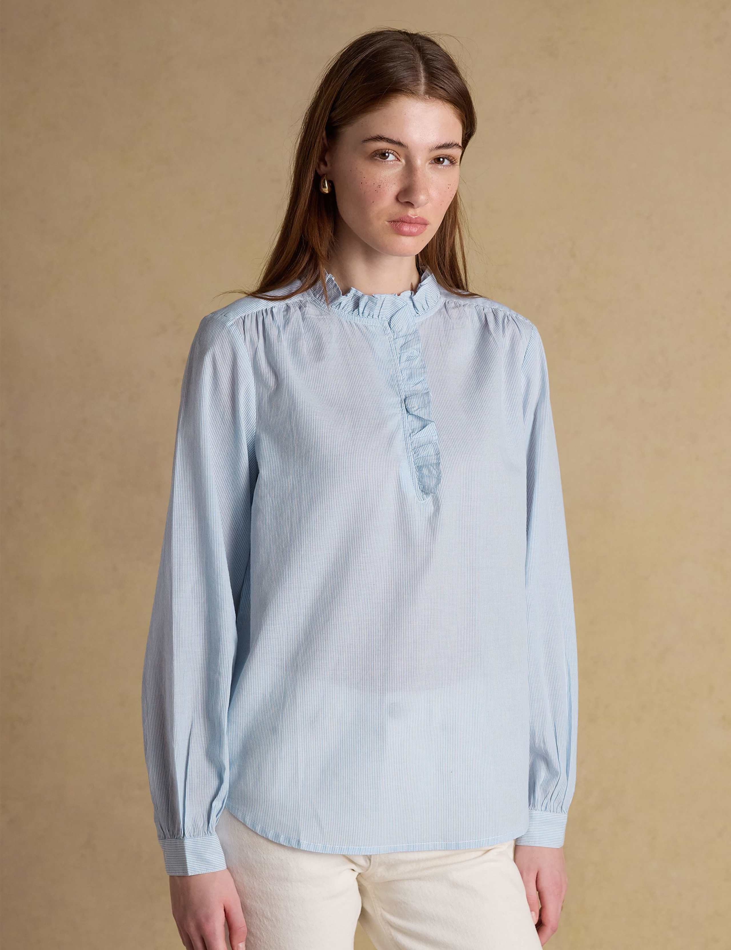 Pure Cotton Striped Ruffle Neck Blouse 2 of 6