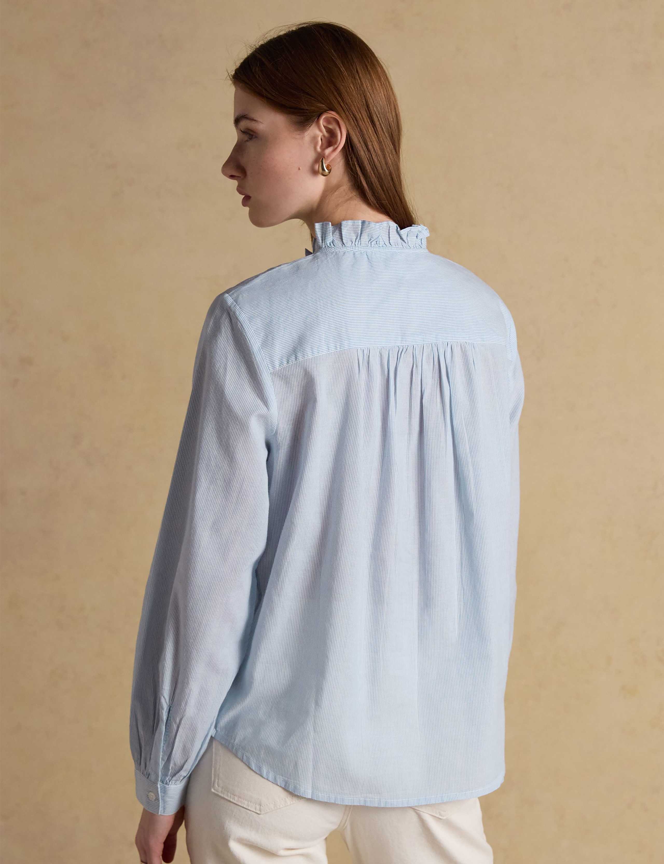 Pure Cotton Striped Ruffle Neck Blouse 3 of 6