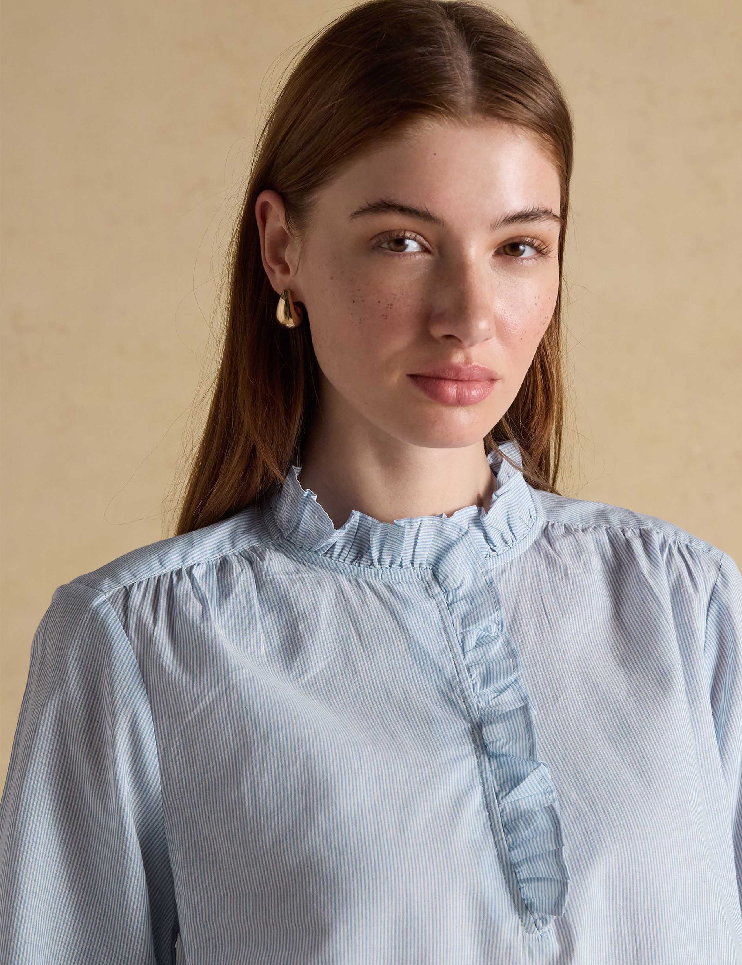 Pure Cotton Striped Ruffle Neck Blouse 4 of 6