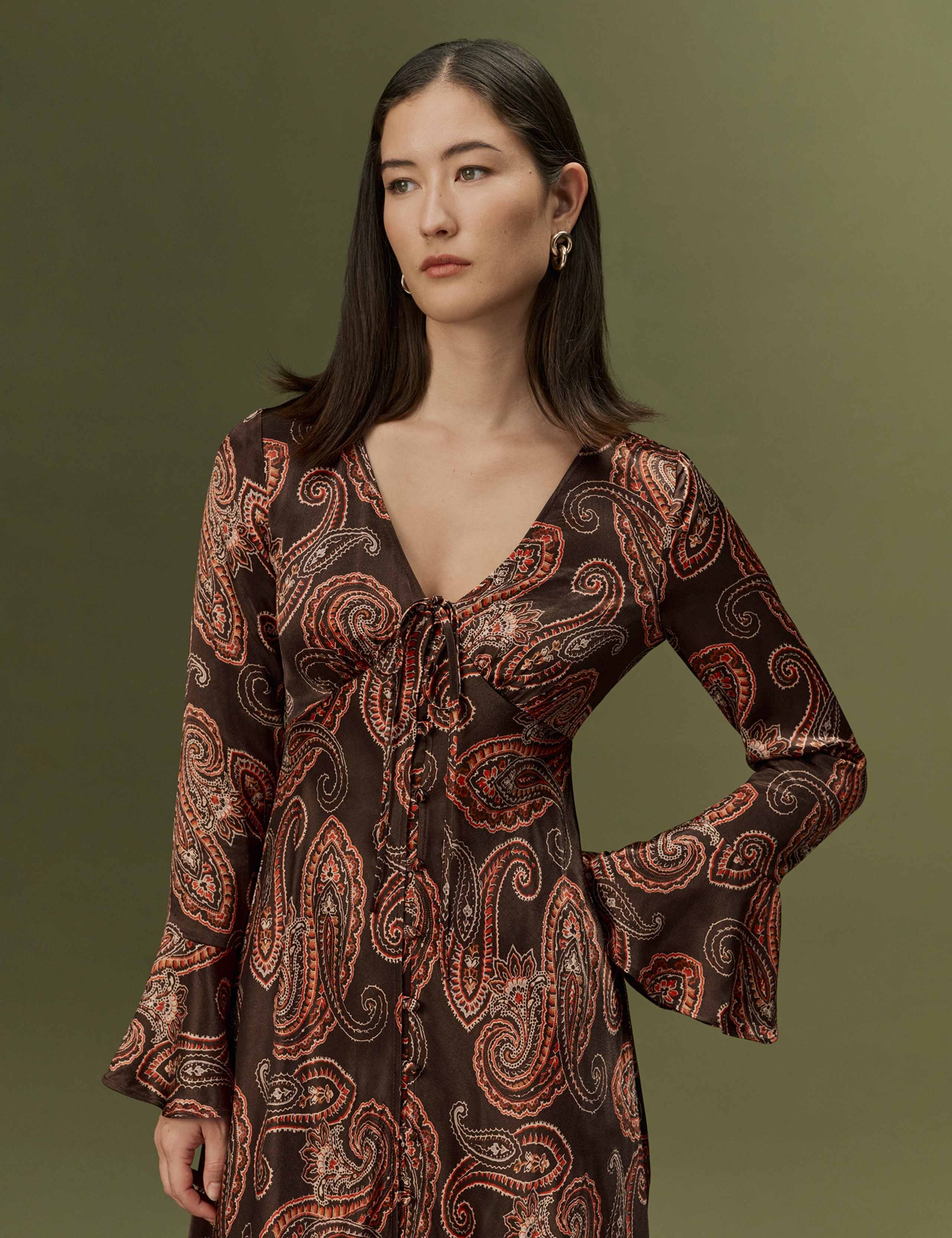 Satin Paisley V Neck Button Through Midi Dress 2 of 9