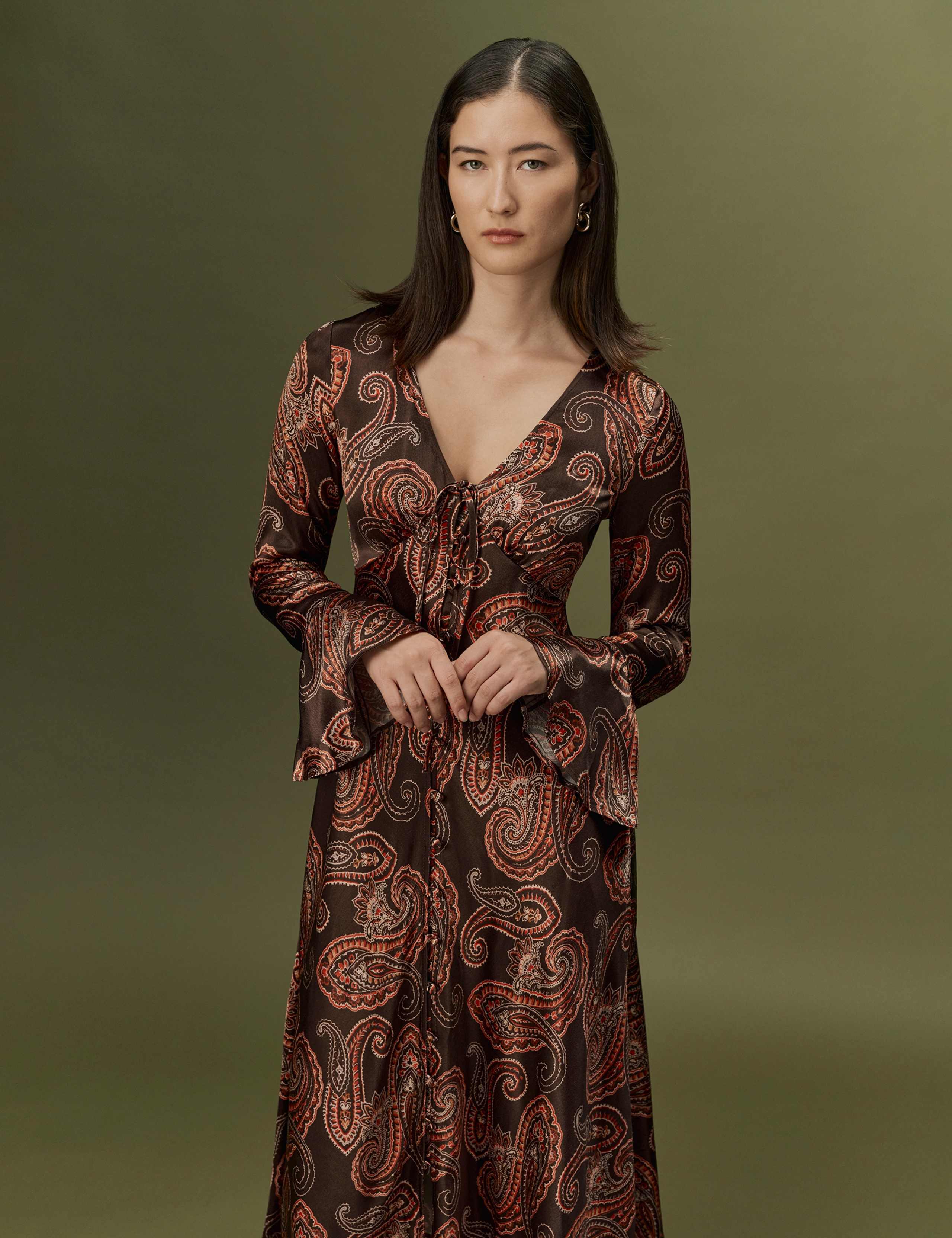 Satin Paisley V Neck Button Through Midi Dress 3 of 9