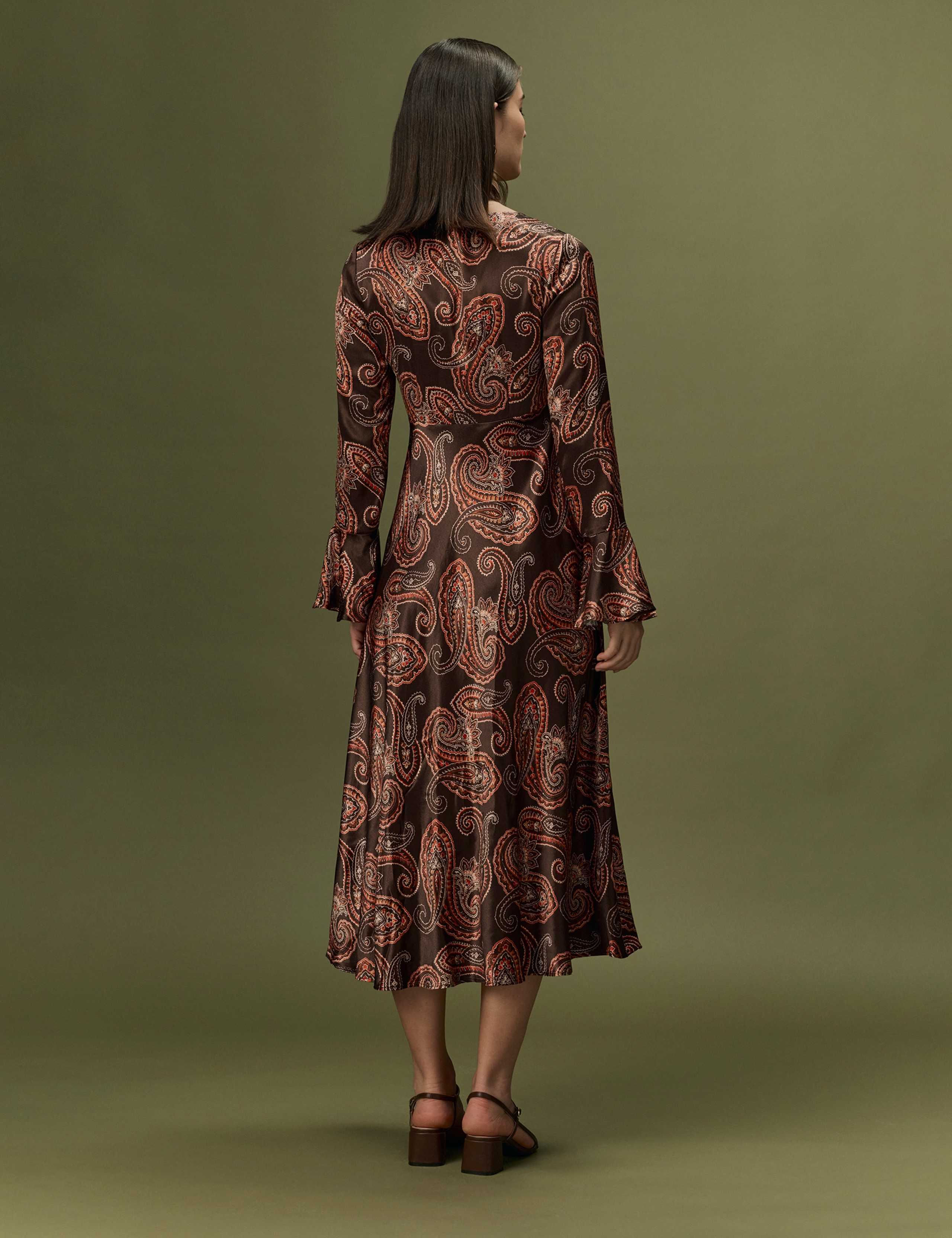 Satin Paisley V Neck Button Through Midi Dress 4 of 9