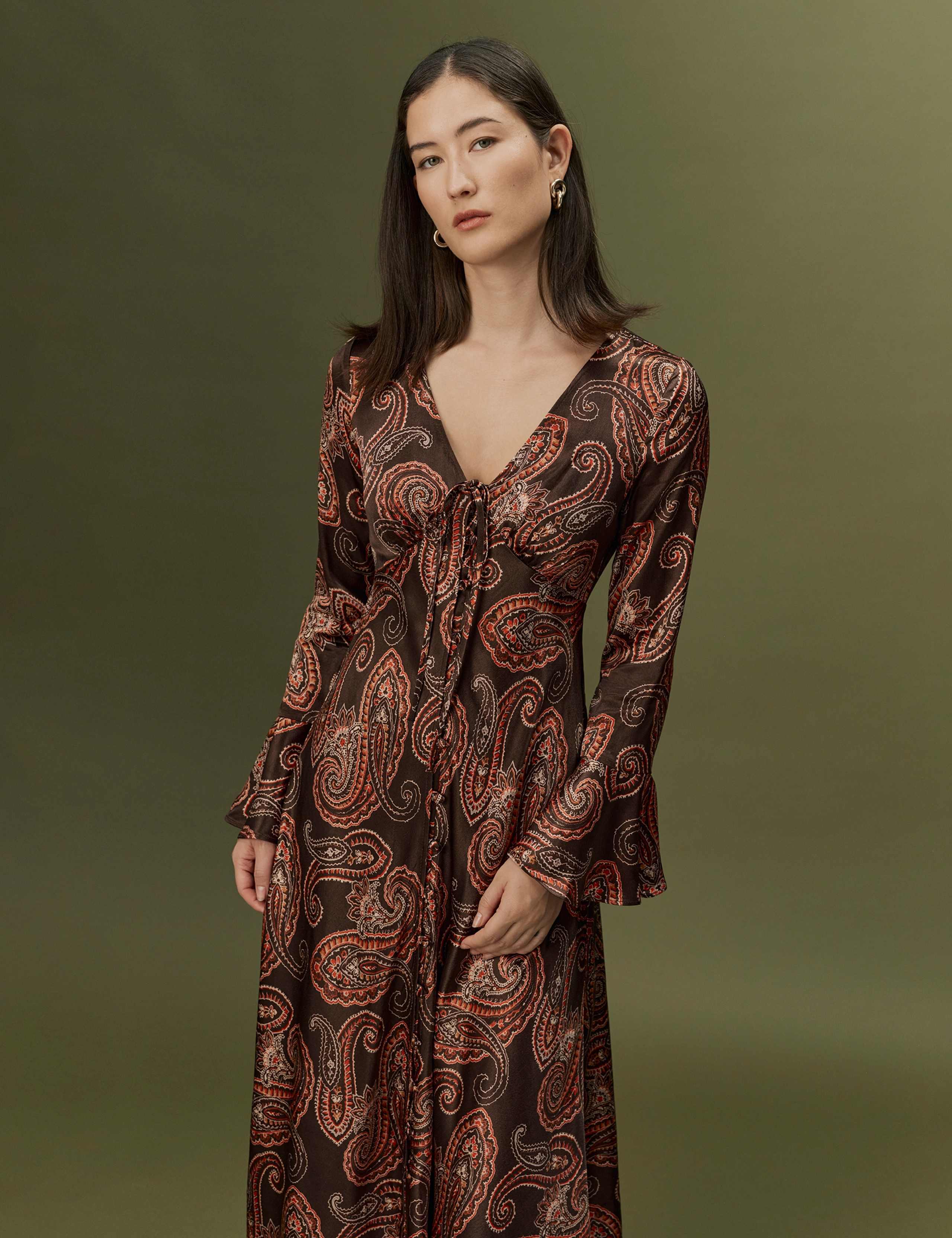 Satin Paisley V Neck Button Through Midi Dress 5 of 9