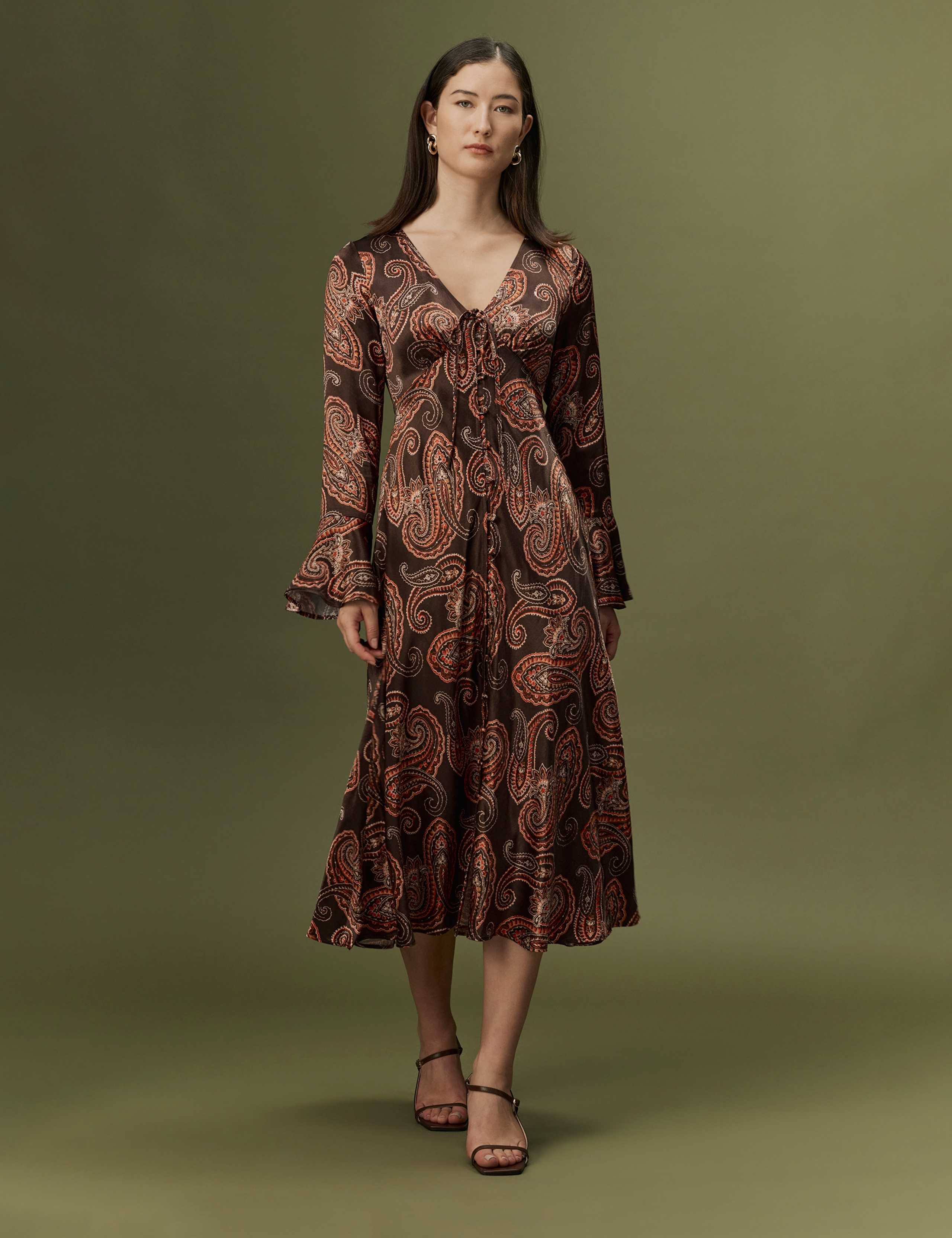 Satin Paisley V Neck Button Through Midi Dress 6 of 9