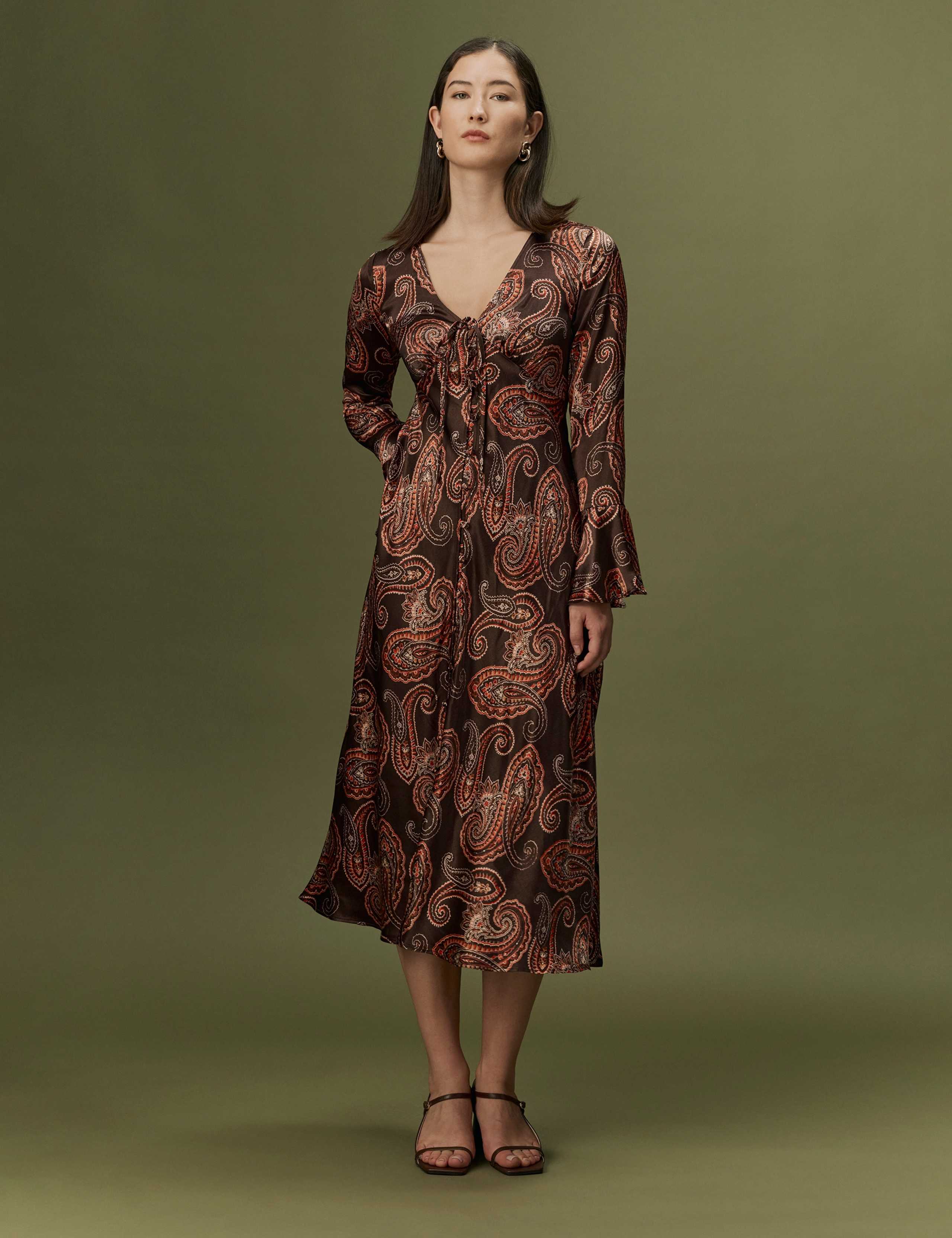 Satin Paisley V Neck Button Through Midi Dress 7 of 9