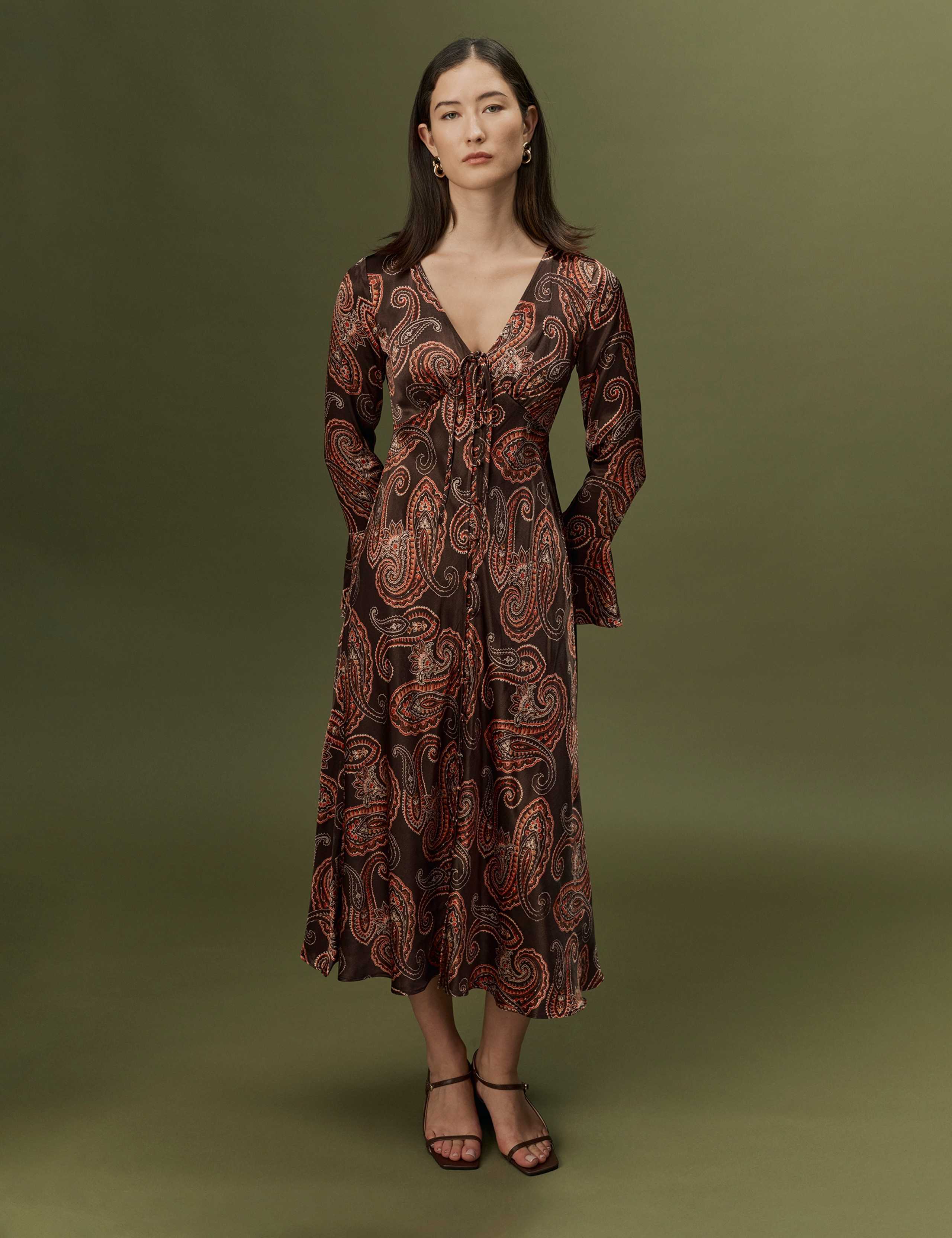 Satin Paisley V Neck Button Through Midi Dress 8 of 9
