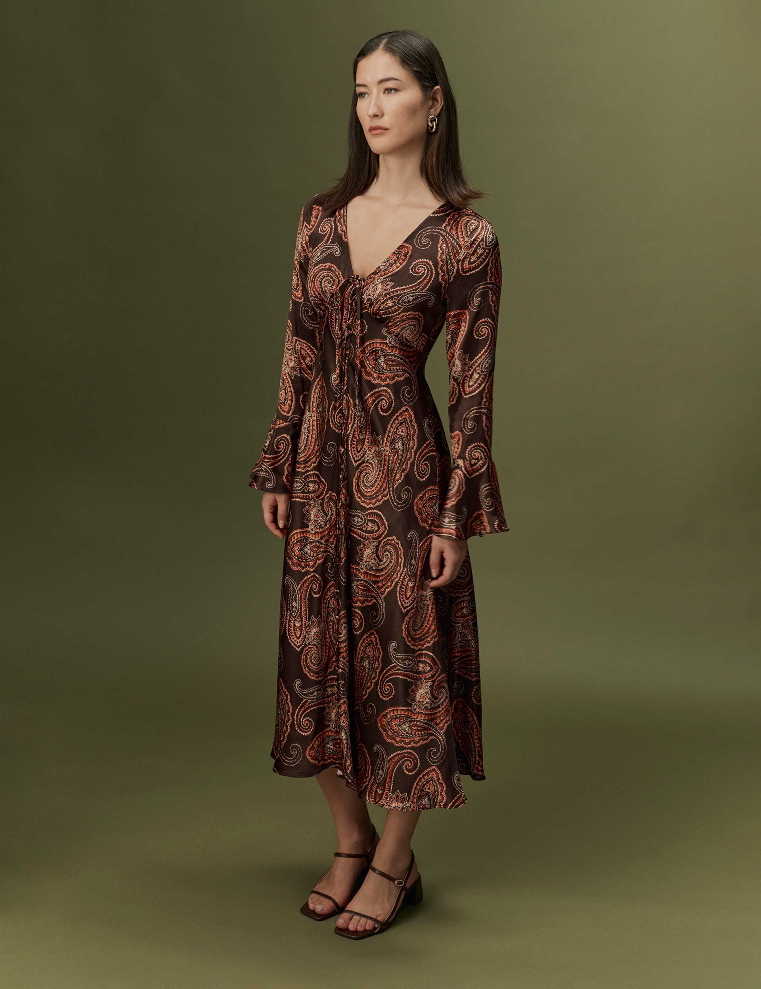 Satin Paisley V Neck Button Through Midi Dress 9 of 9