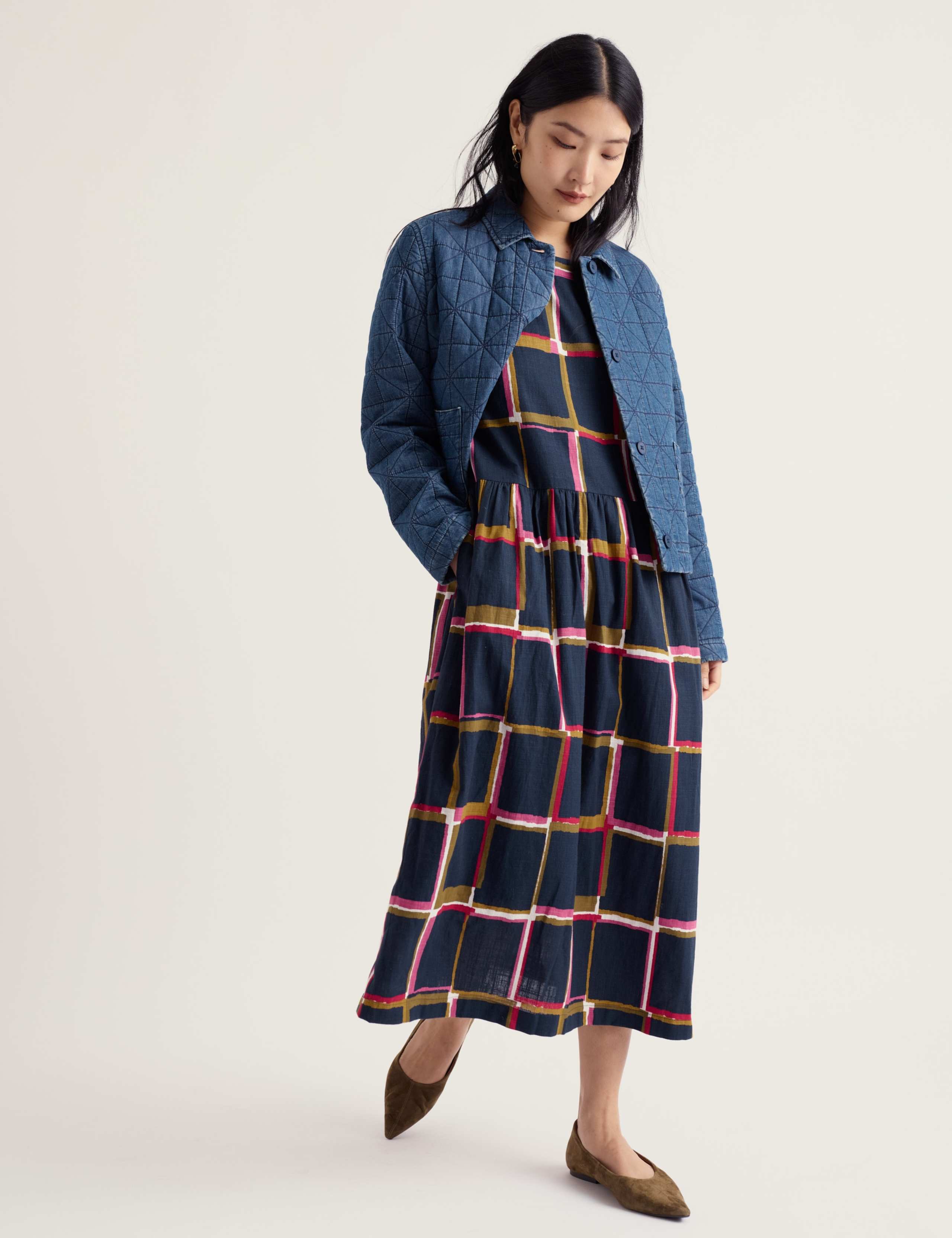 Pure Cotton Checked Midaxi Waisted Dress 1 of 5