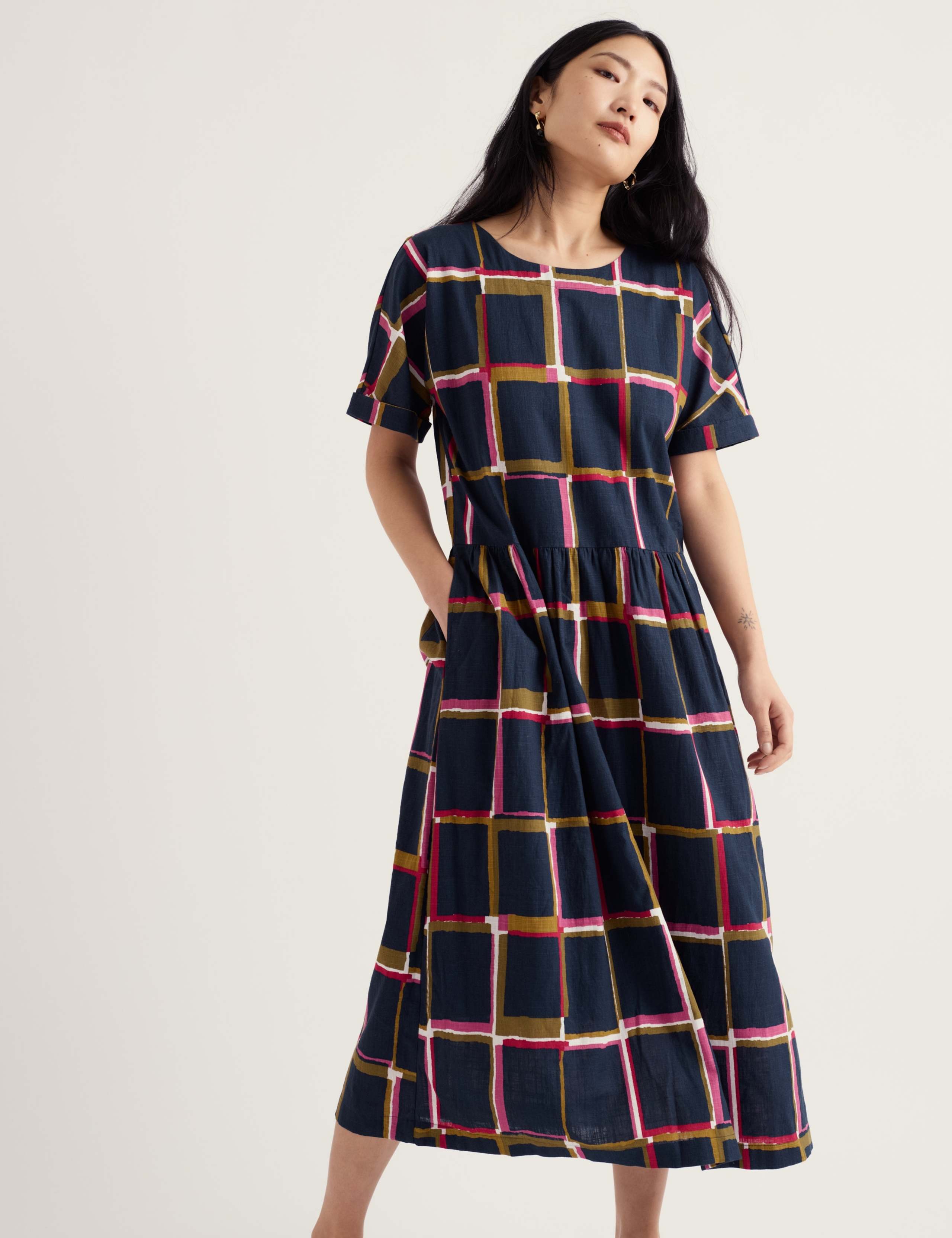 Pure Cotton Checked Midaxi Waisted Dress 3 of 5
