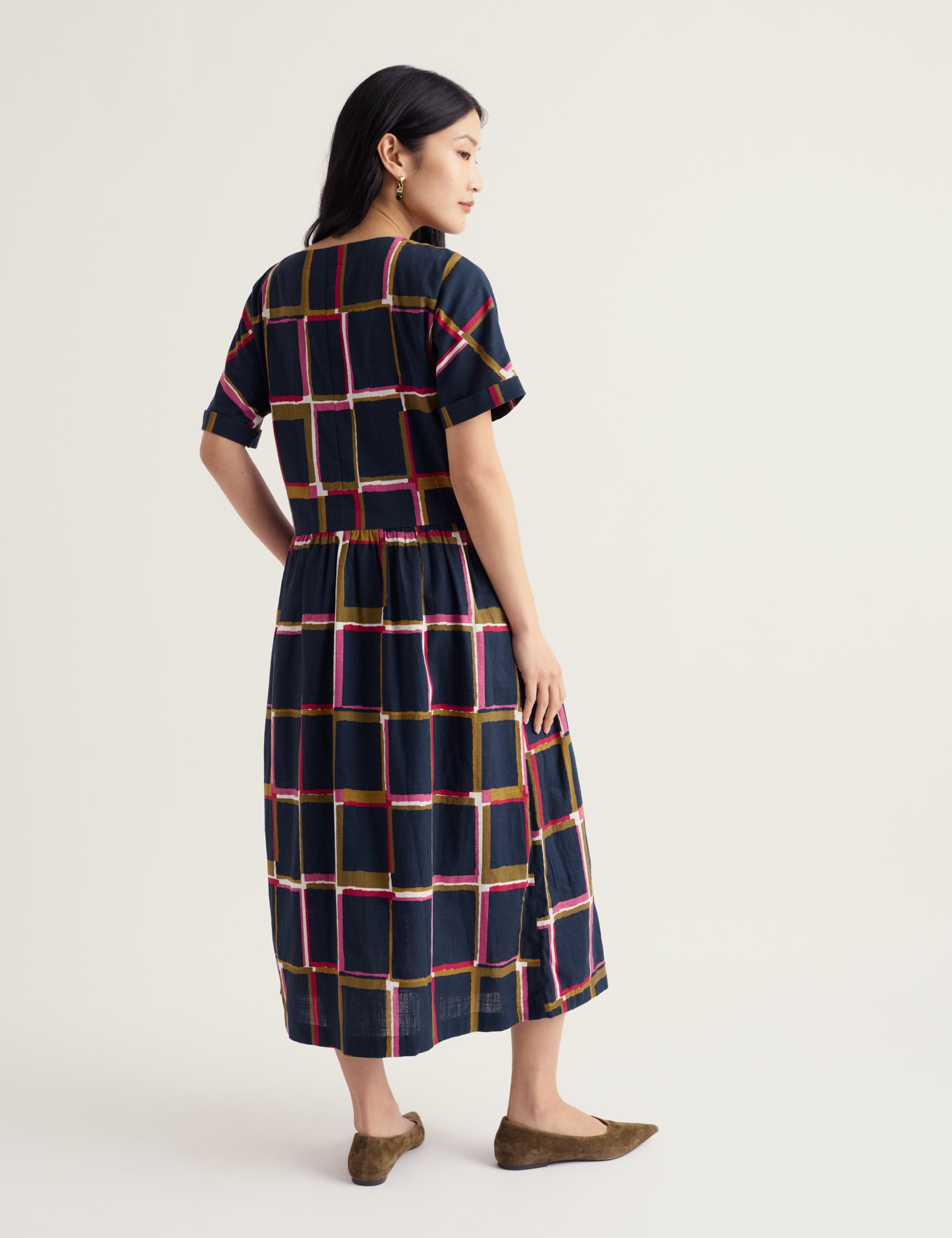 Pure Cotton Checked Midaxi Waisted Dress 4 of 5