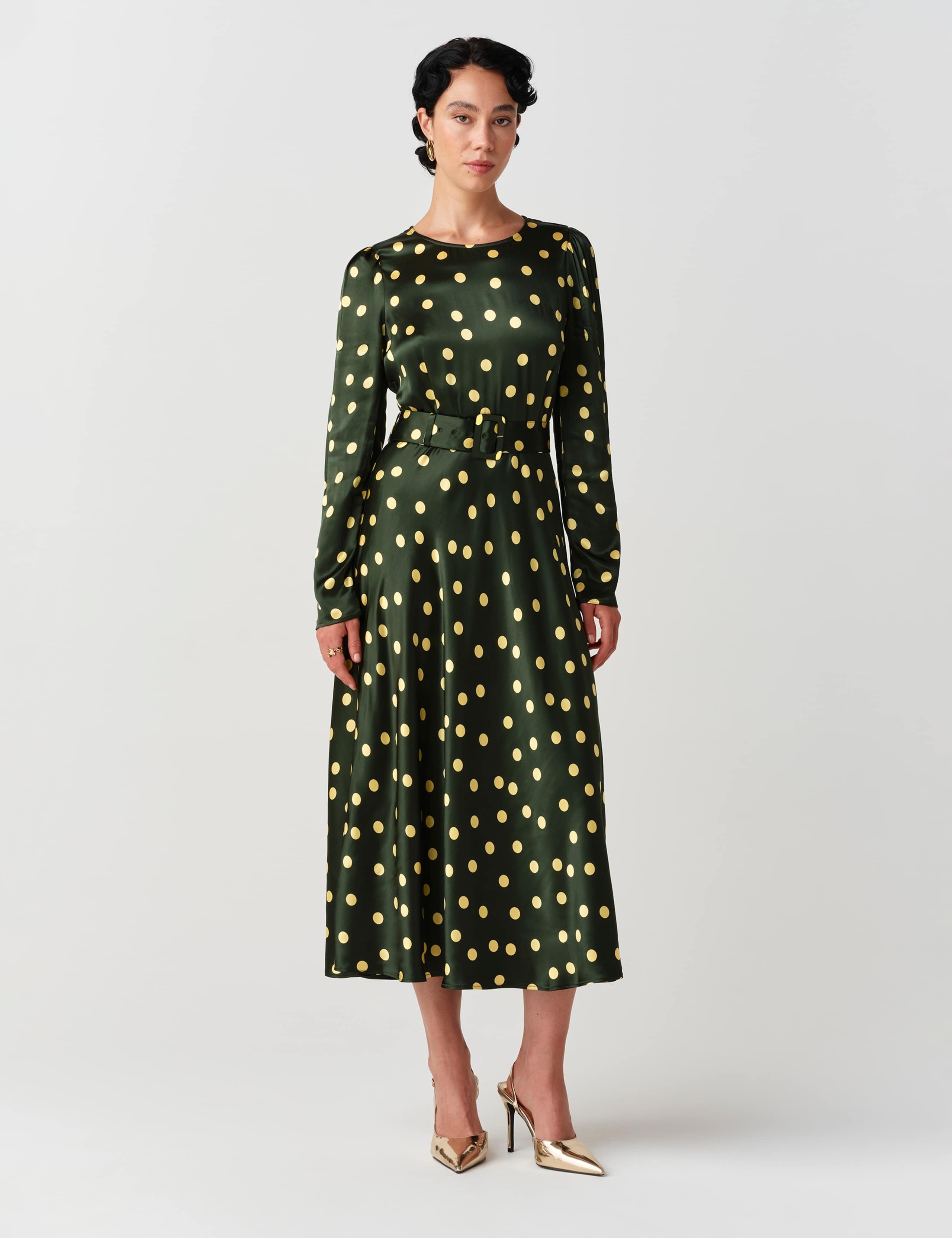 Satin Polka Dot Belted Midi Column Dress 1 of 10
