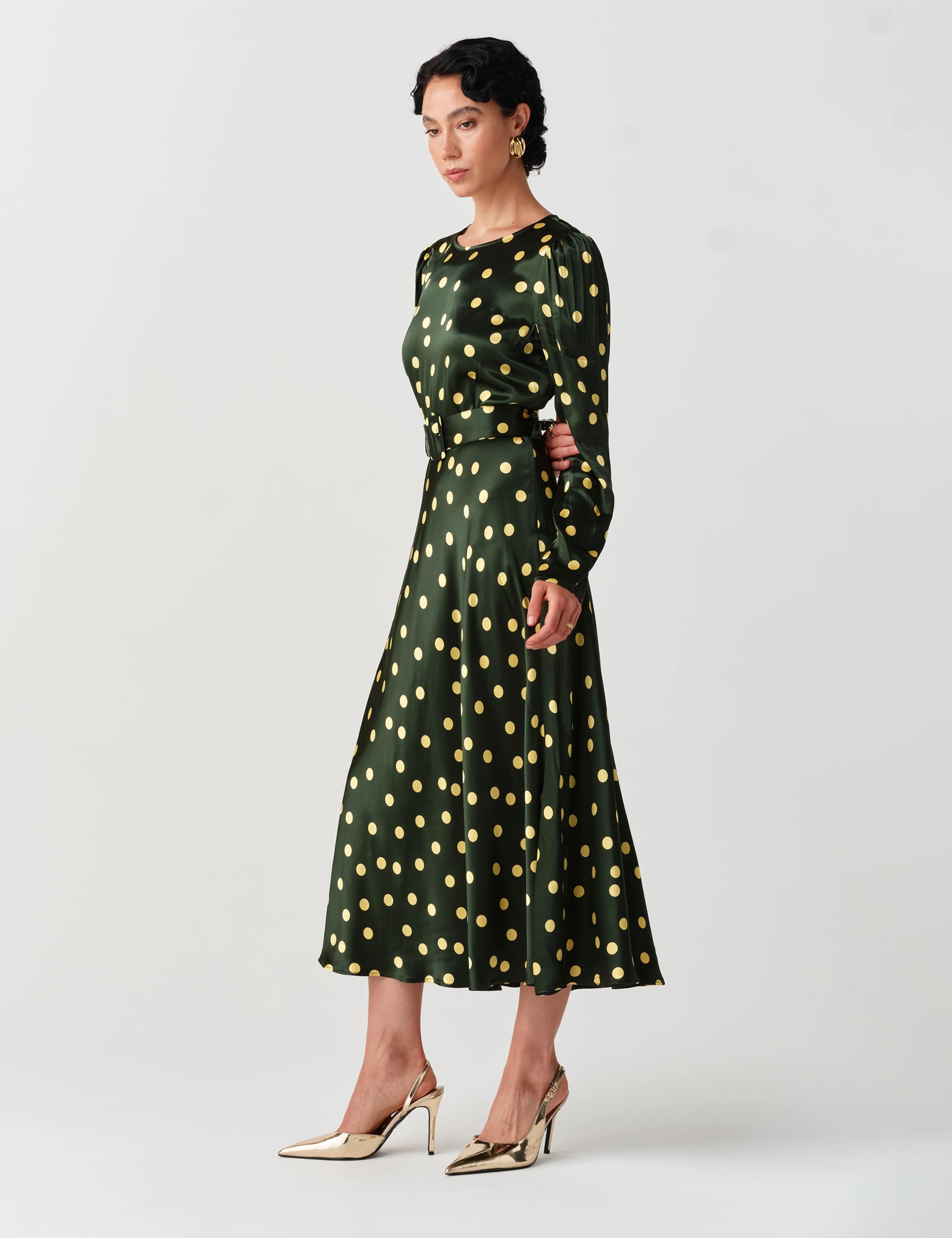 Satin Polka Dot Belted Midi Column Dress 2 of 10
