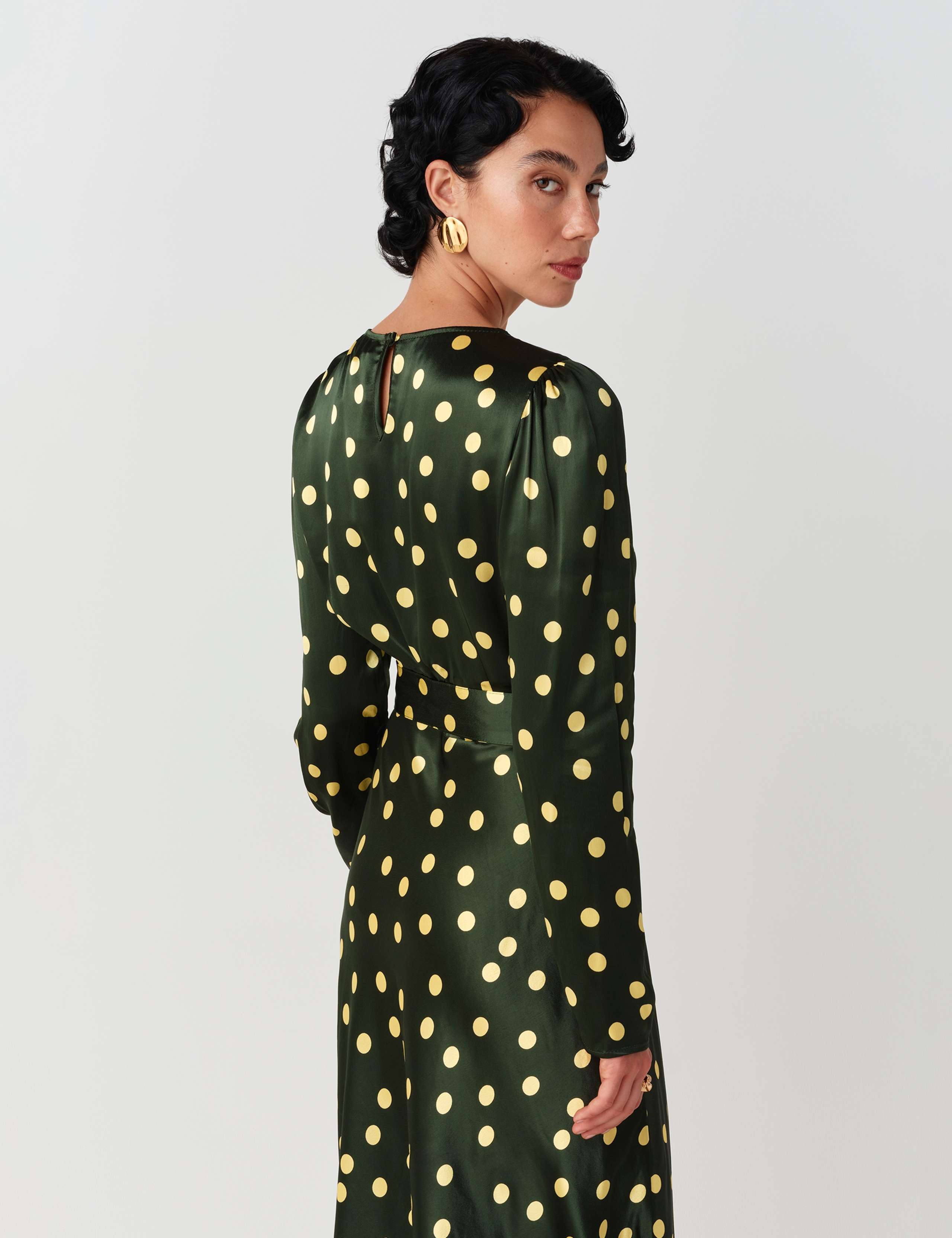 Satin Polka Dot Belted Midi Column Dress 3 of 10