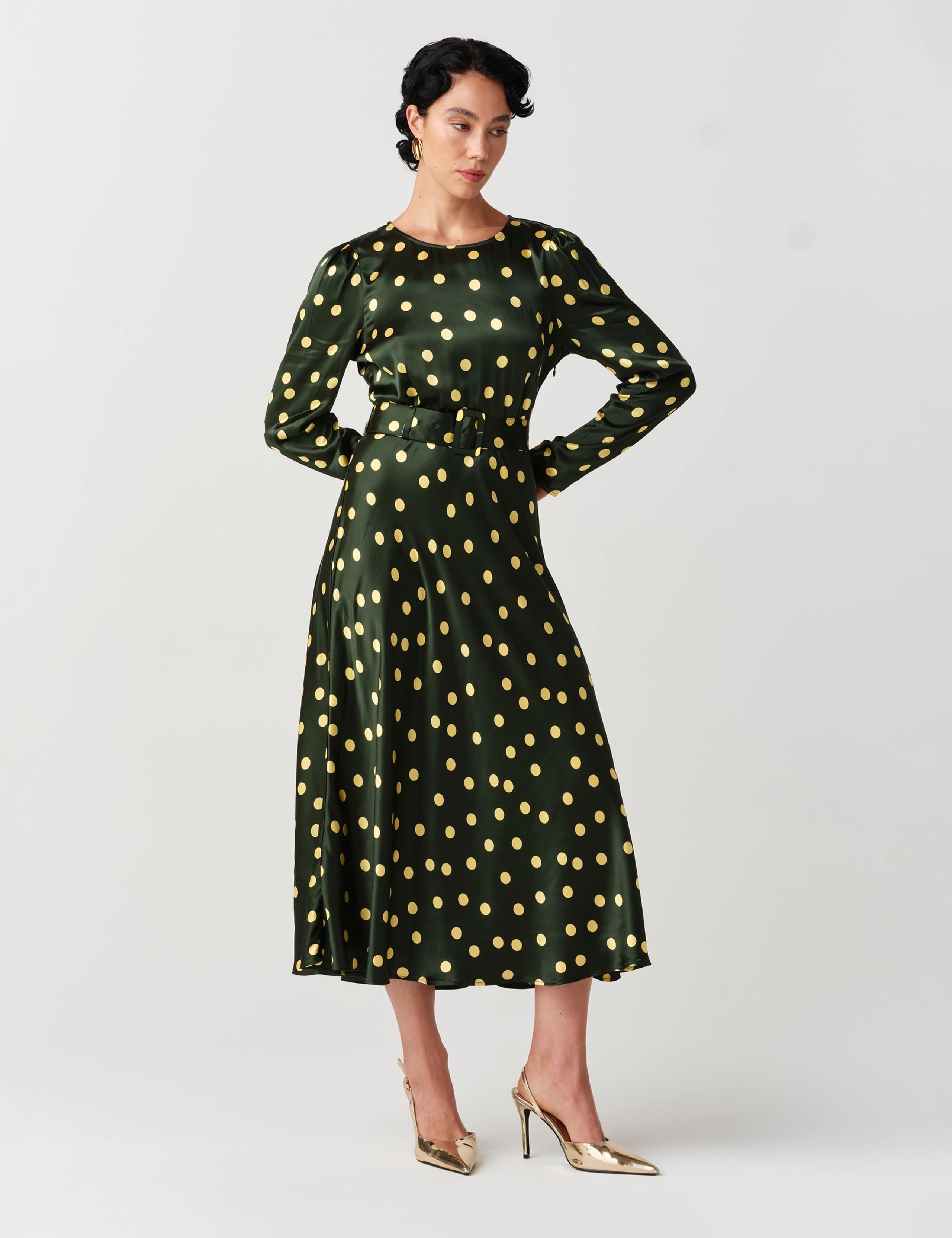 Satin Polka Dot Belted Midi Column Dress 4 of 10