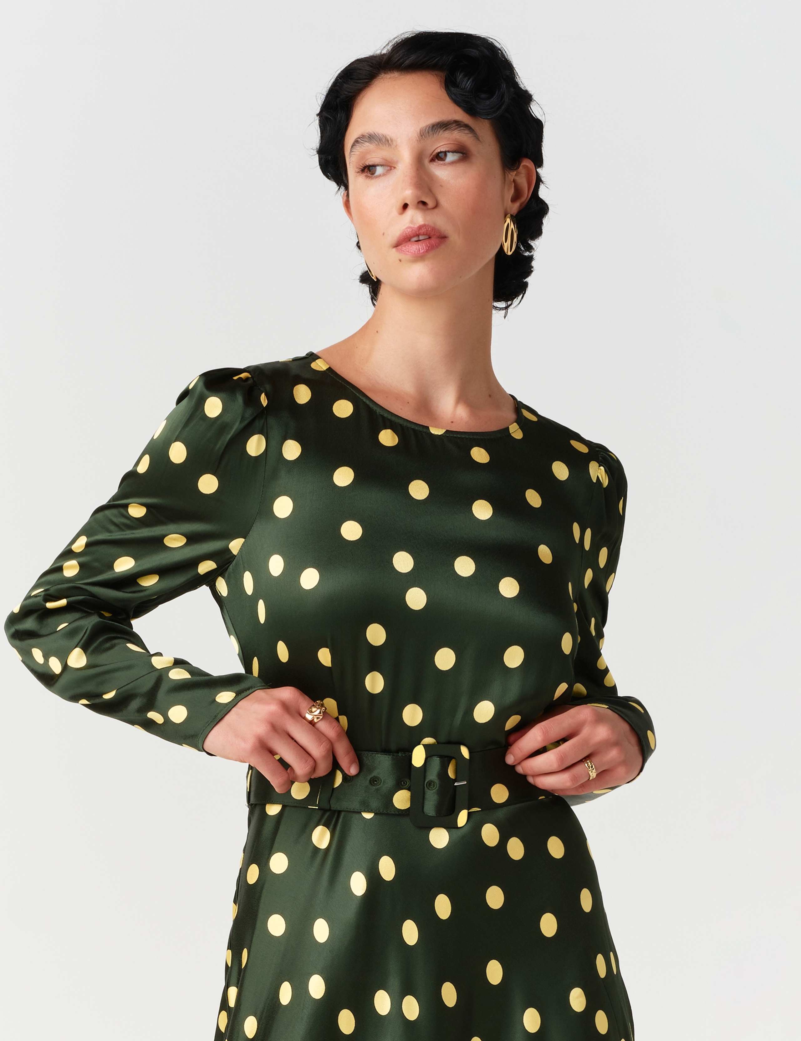 Satin Polka Dot Belted Midi Column Dress 5 of 10