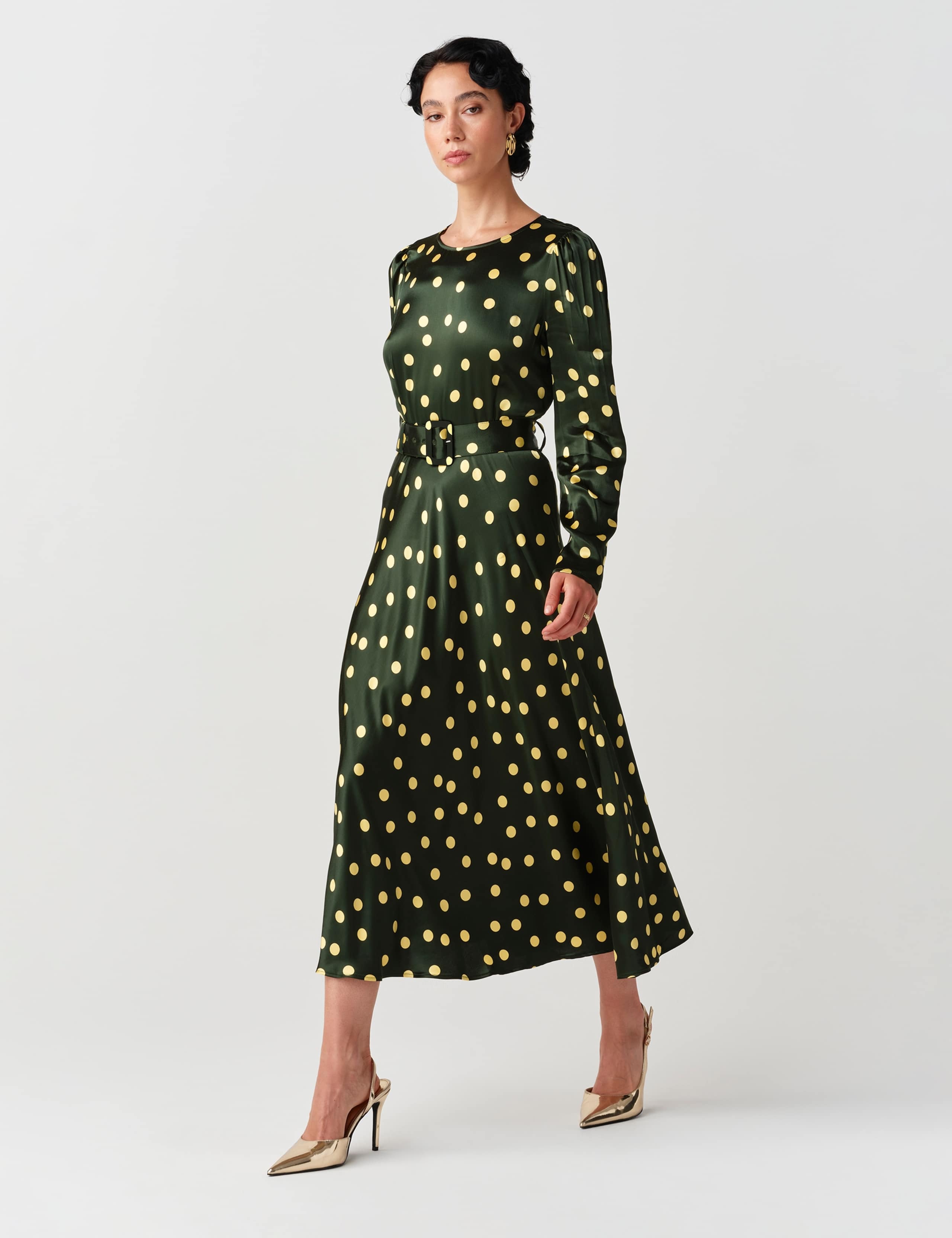 Satin Polka Dot Belted Midi Column Dress 6 of 10