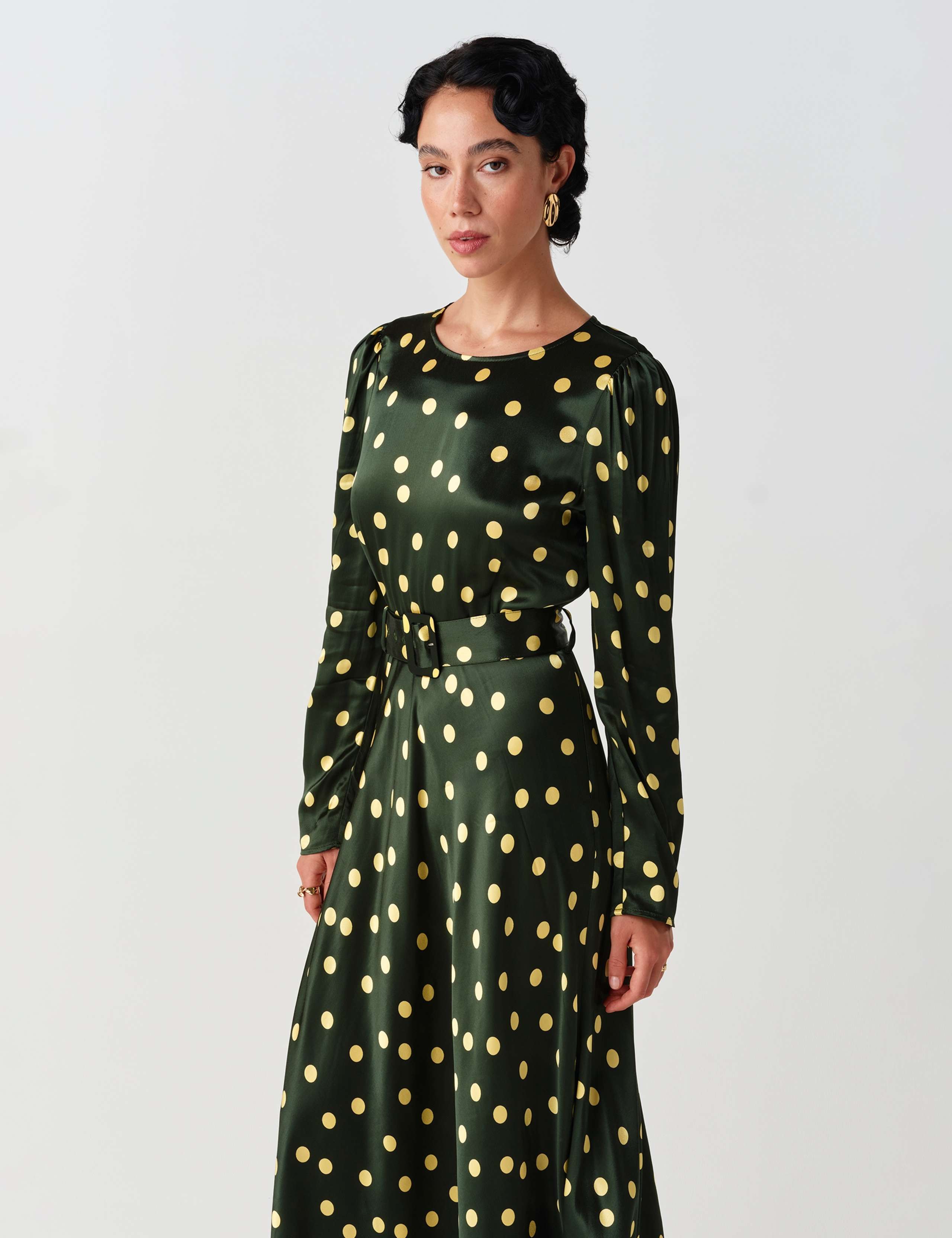 Satin Polka Dot Belted Midi Column Dress 9 of 10