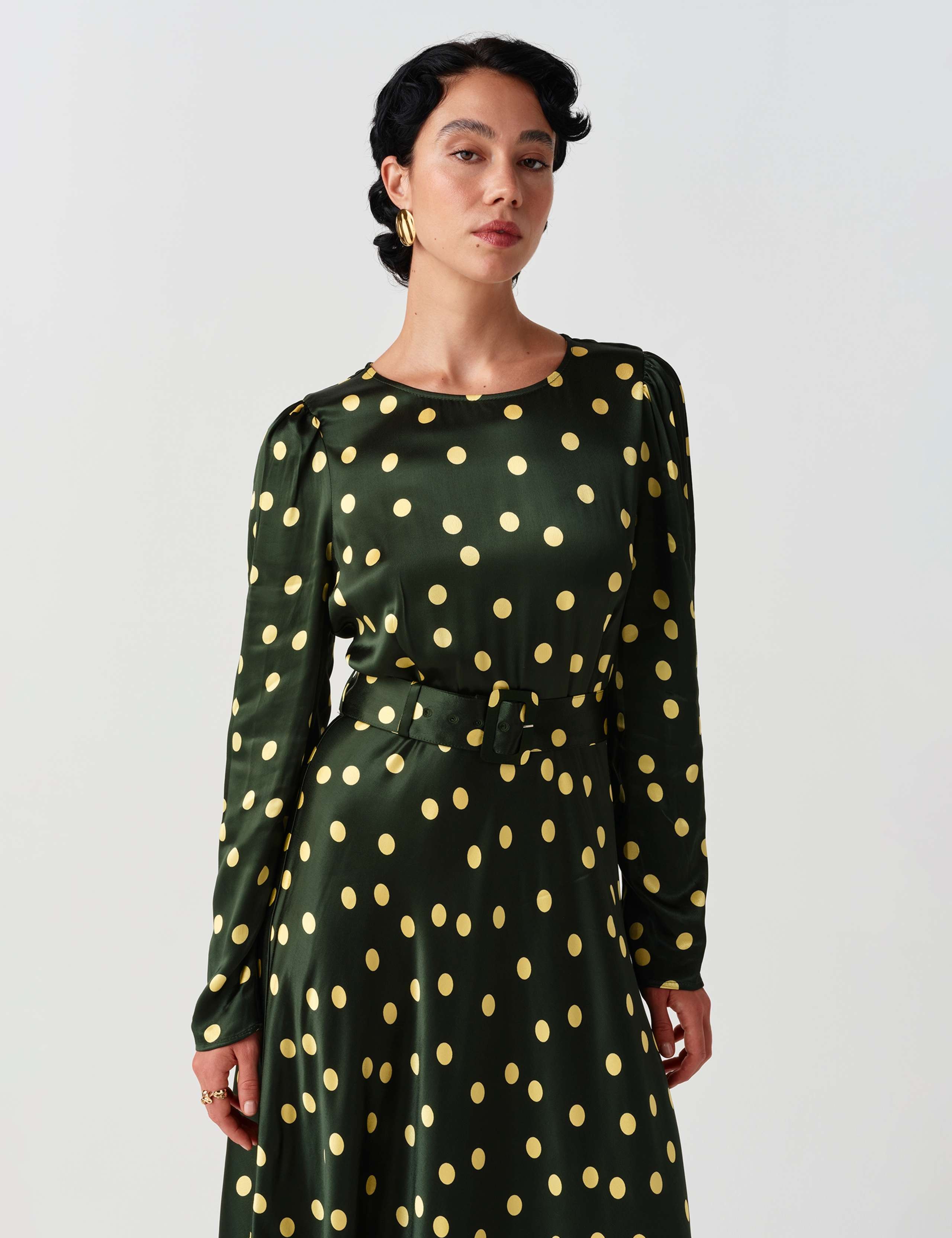 Satin Polka Dot Belted Midi Column Dress 10 of 10