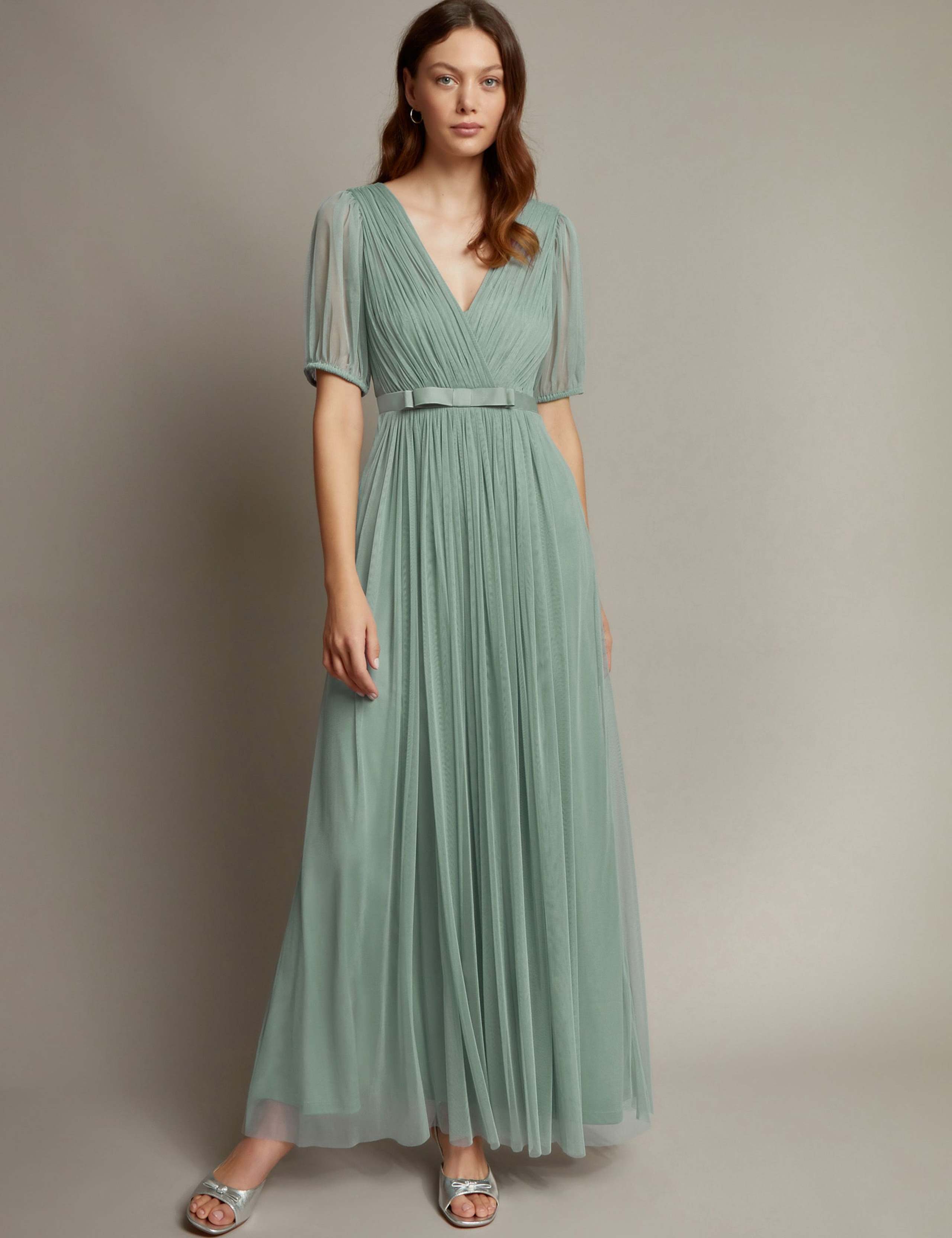 V-Neck Sheer Sleeve Maxi Waisted Dress 1 of 5