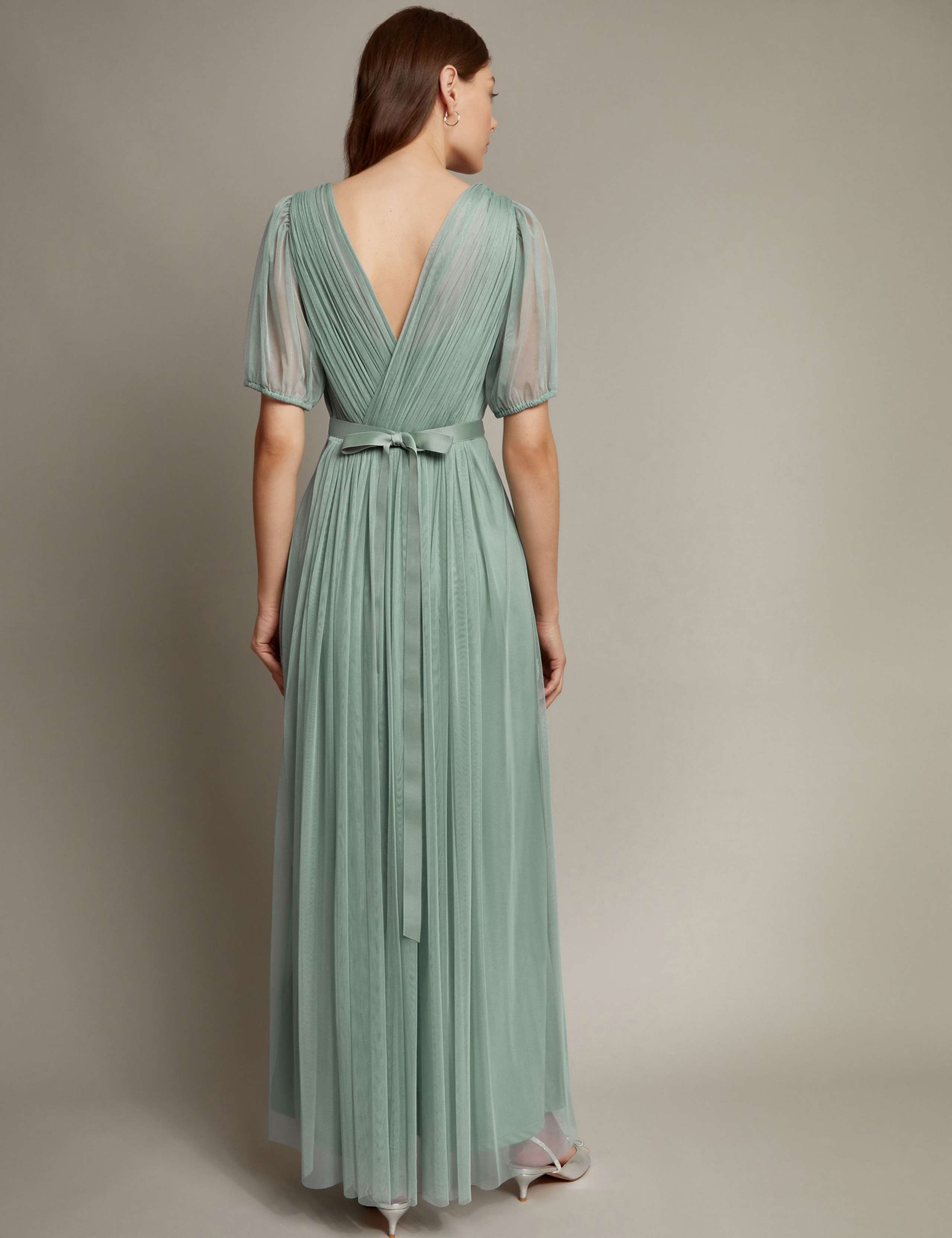 V-Neck Sheer Sleeve Maxi Waisted Dress 3 of 5