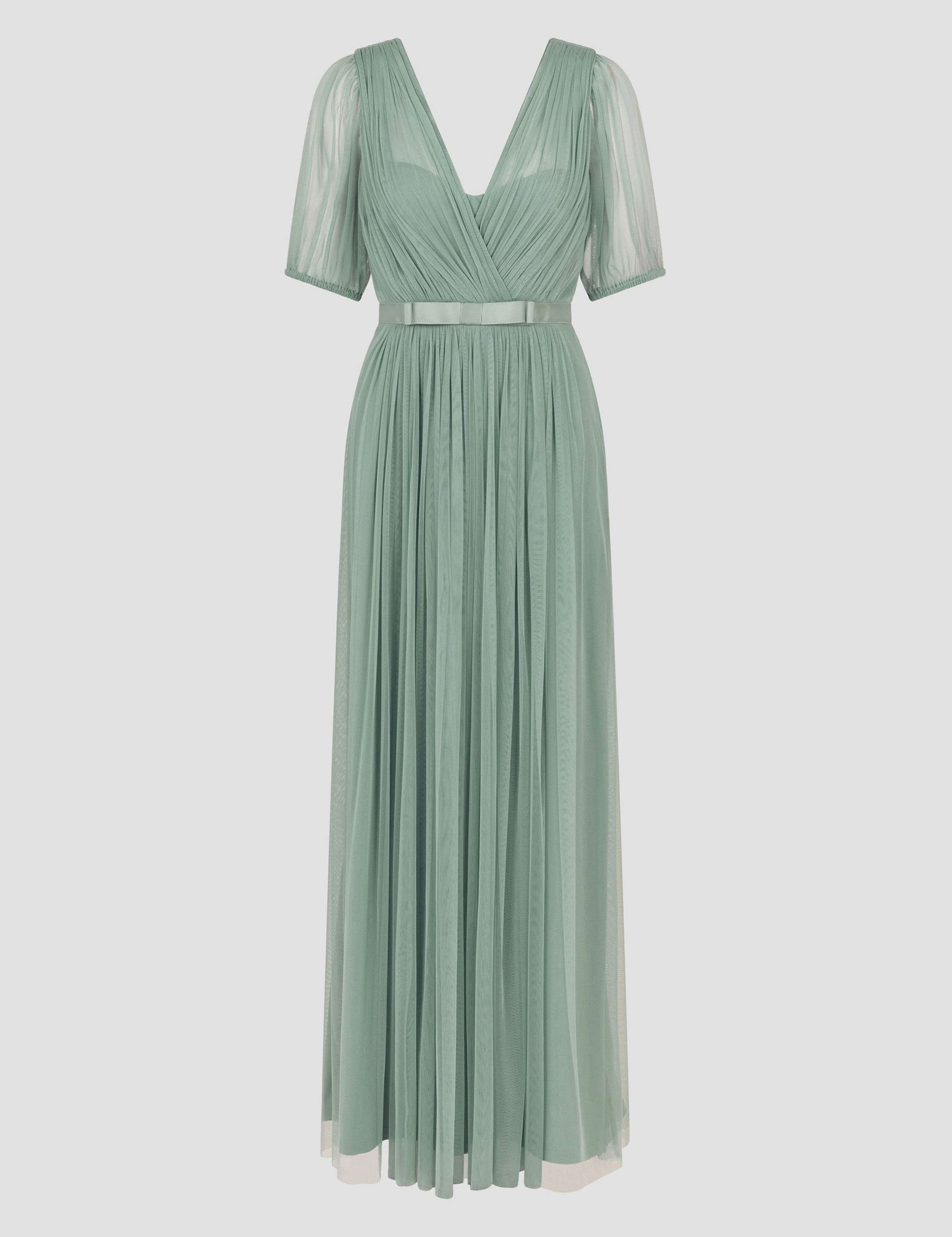 V-Neck Sheer Sleeve Maxi Waisted Dress 2 of 5