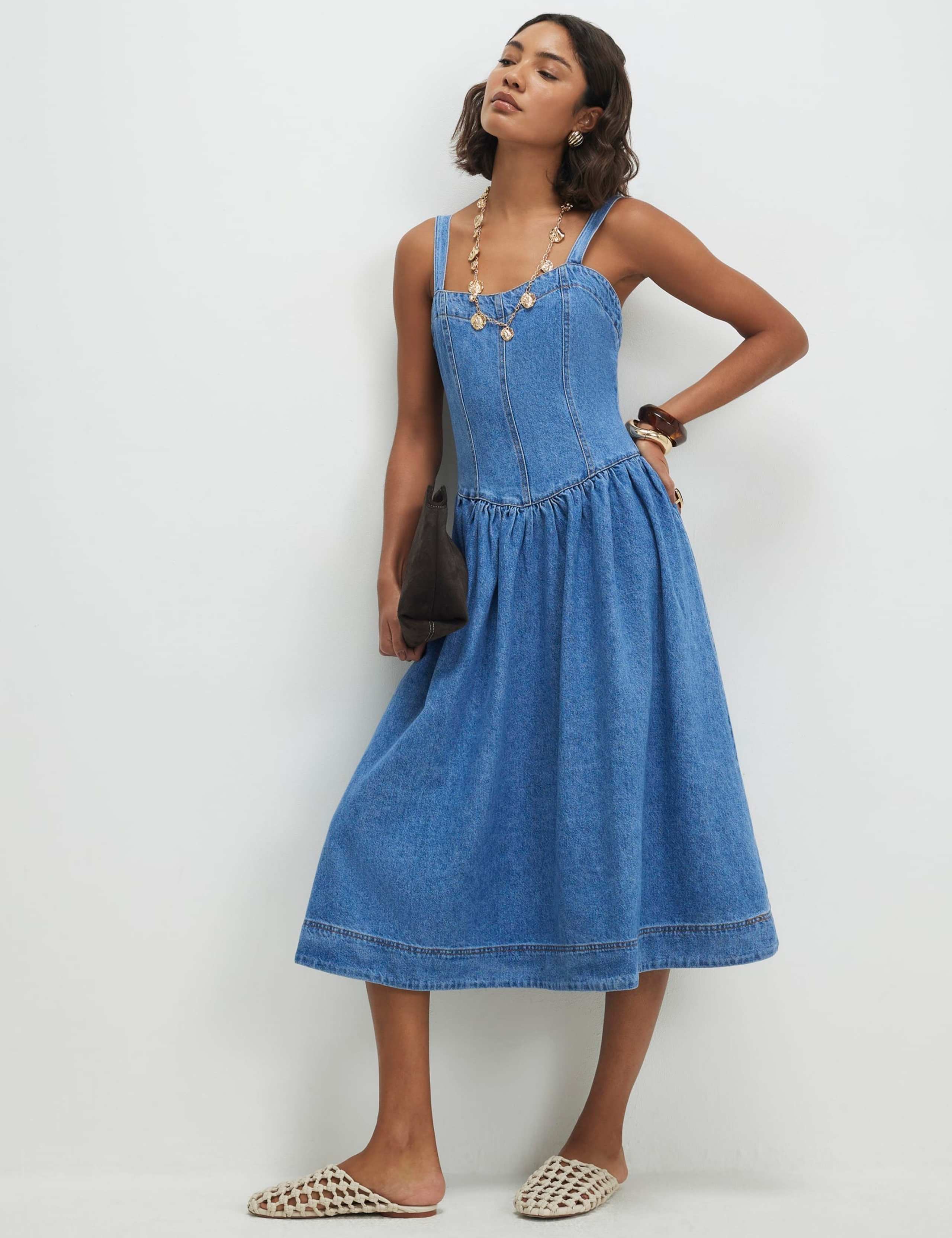 Denim Seamed Midi Swing Dress 1 of 4