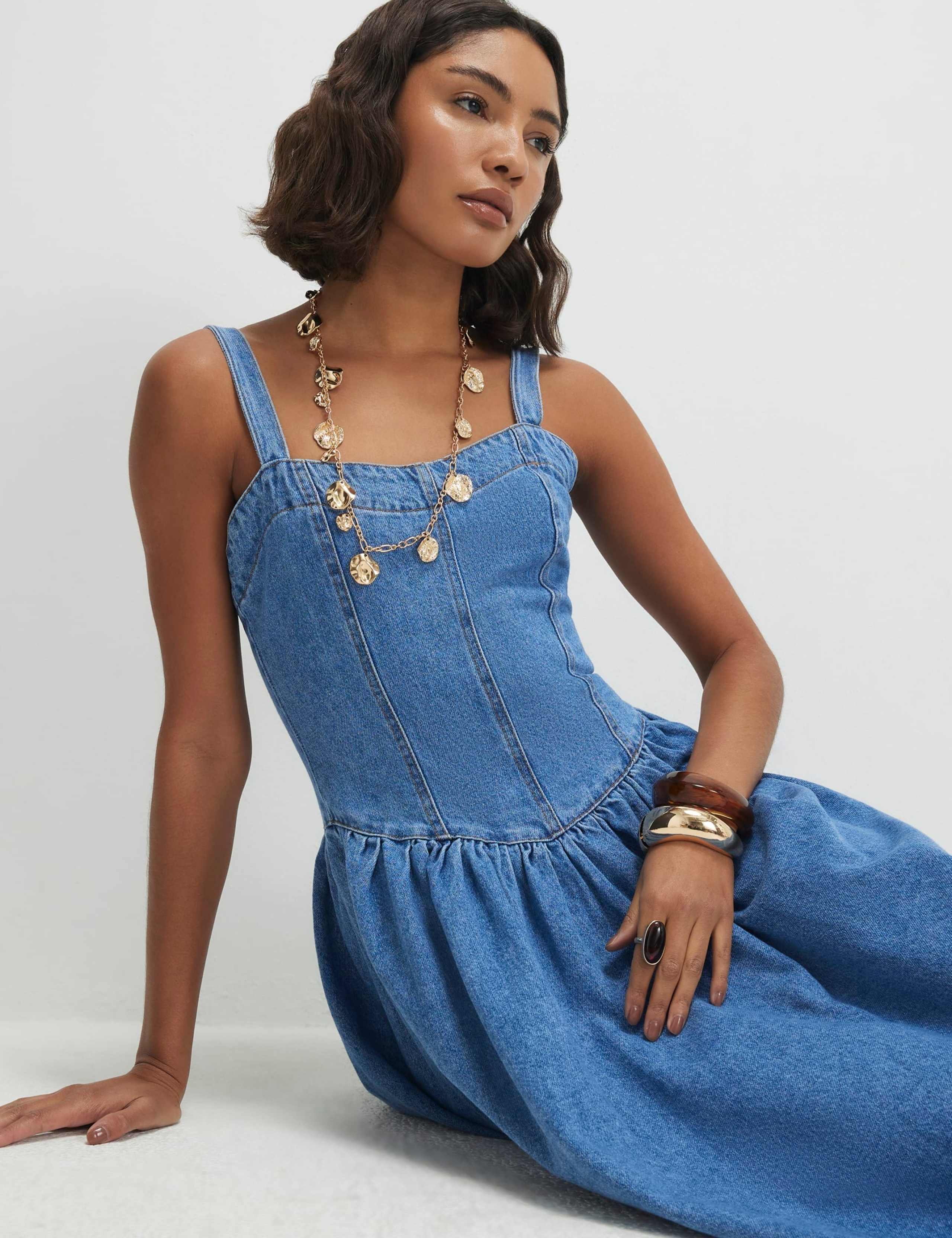 Denim Seamed Midi Swing Dress 2 of 4