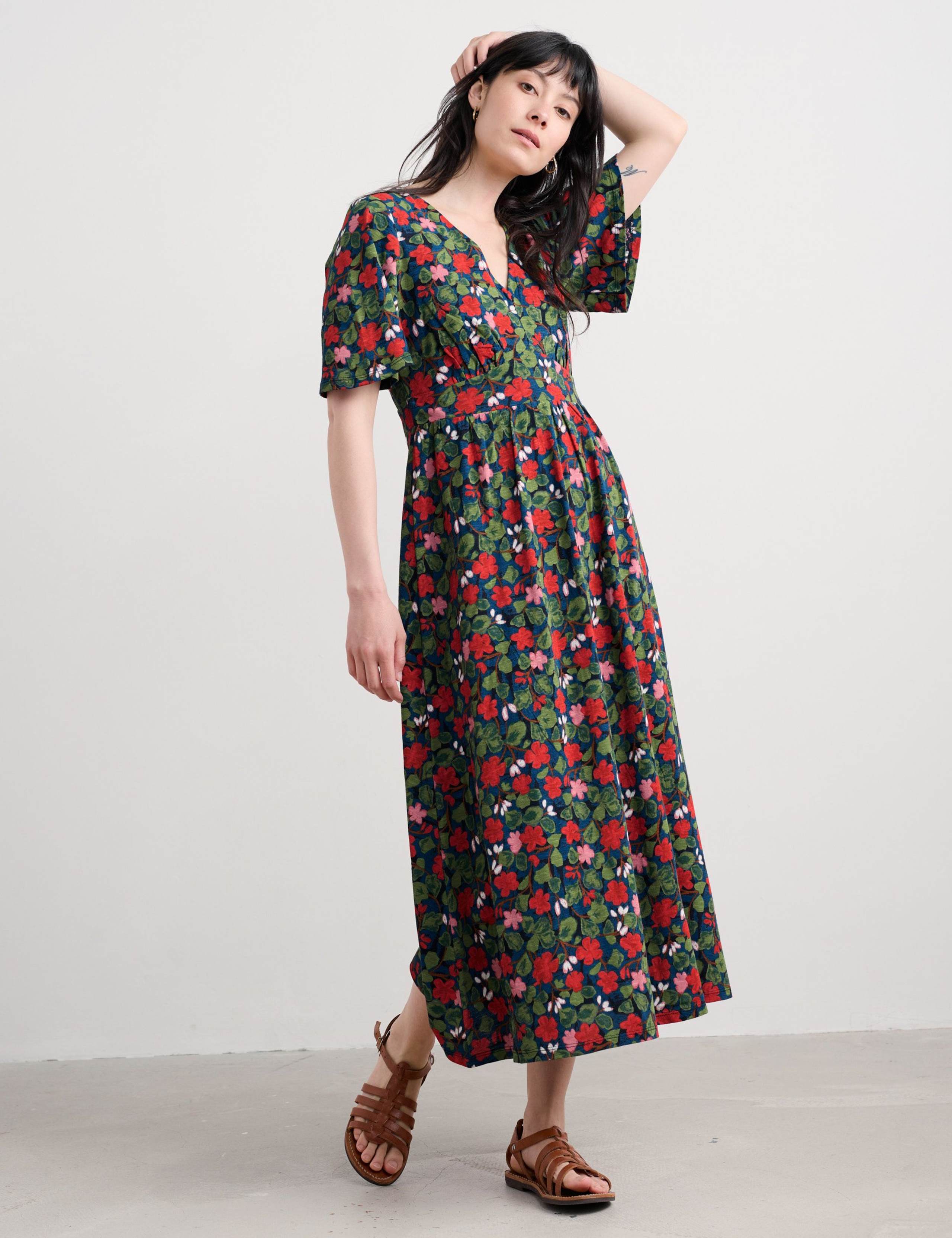 Pure Cotton Floral V-Neck Midi Waisted Dress 1 of 5