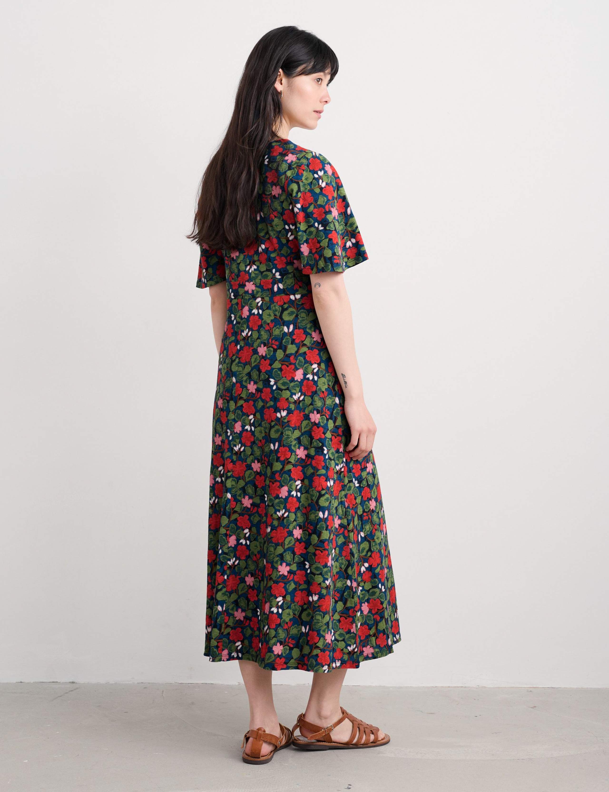 Pure Cotton Floral V-Neck Midi Waisted Dress 3 of 5