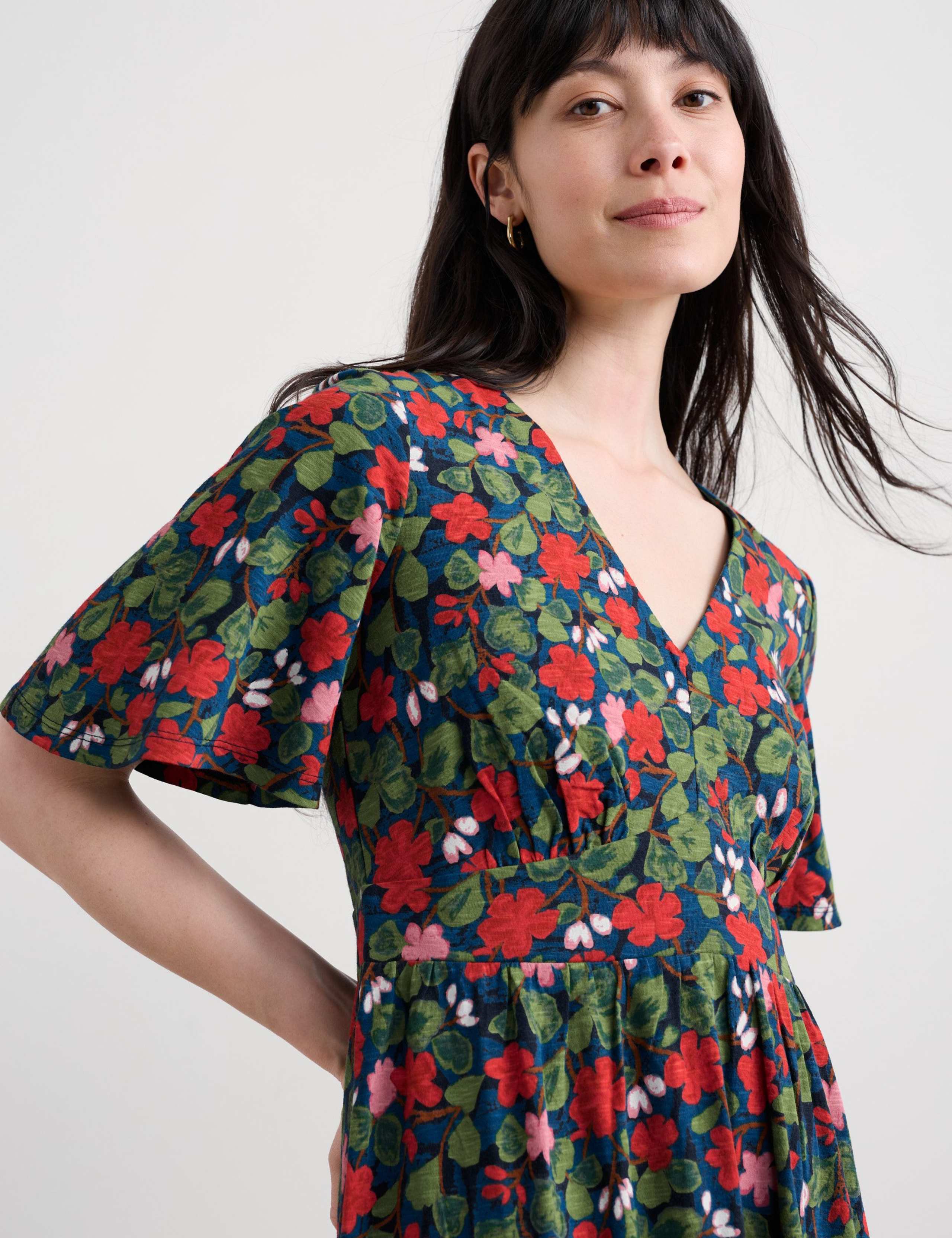 Pure Cotton Floral V-Neck Midi Waisted Dress 4 of 5