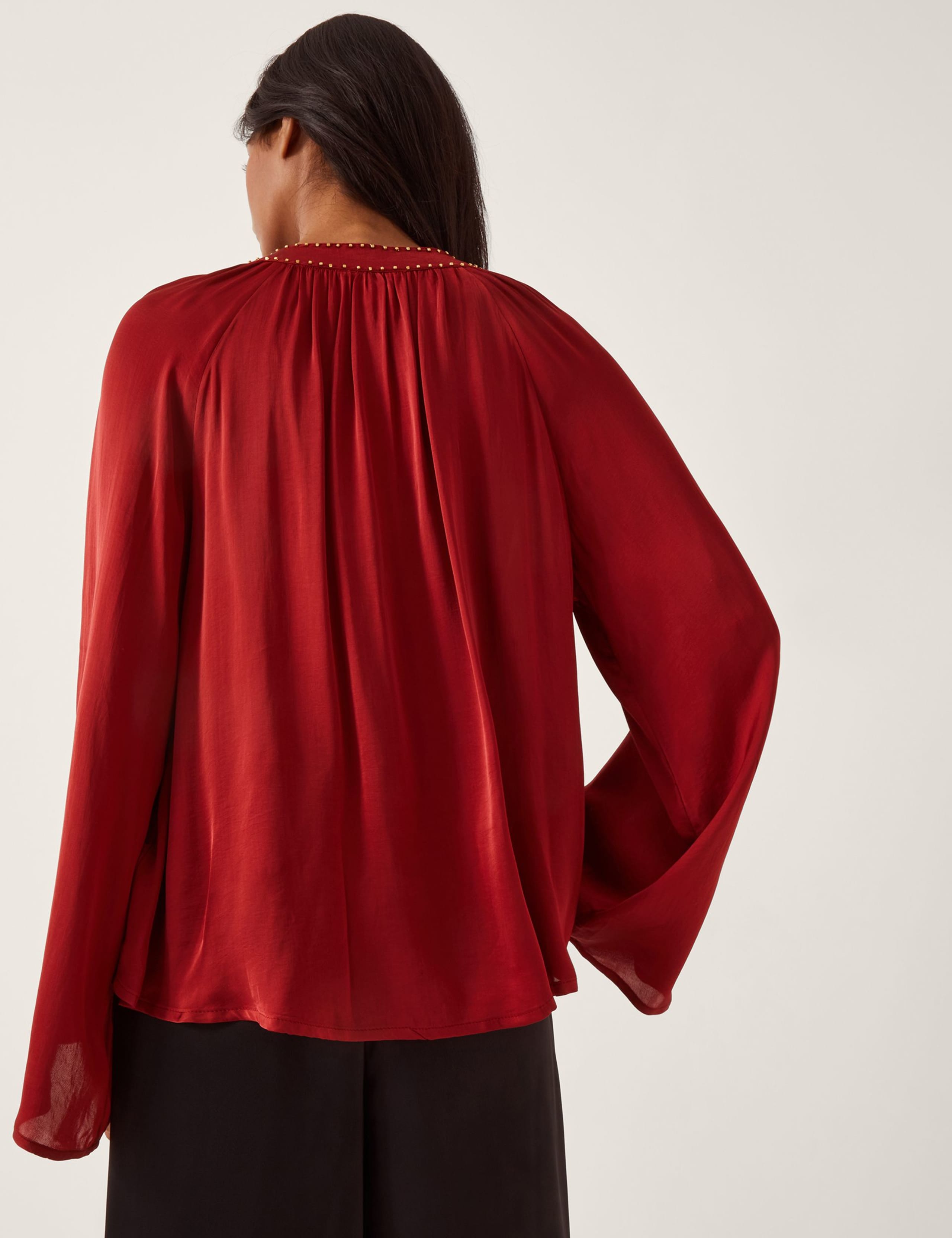 Satin V-Neck Beaded Collar Frill Blouse 3 of 5