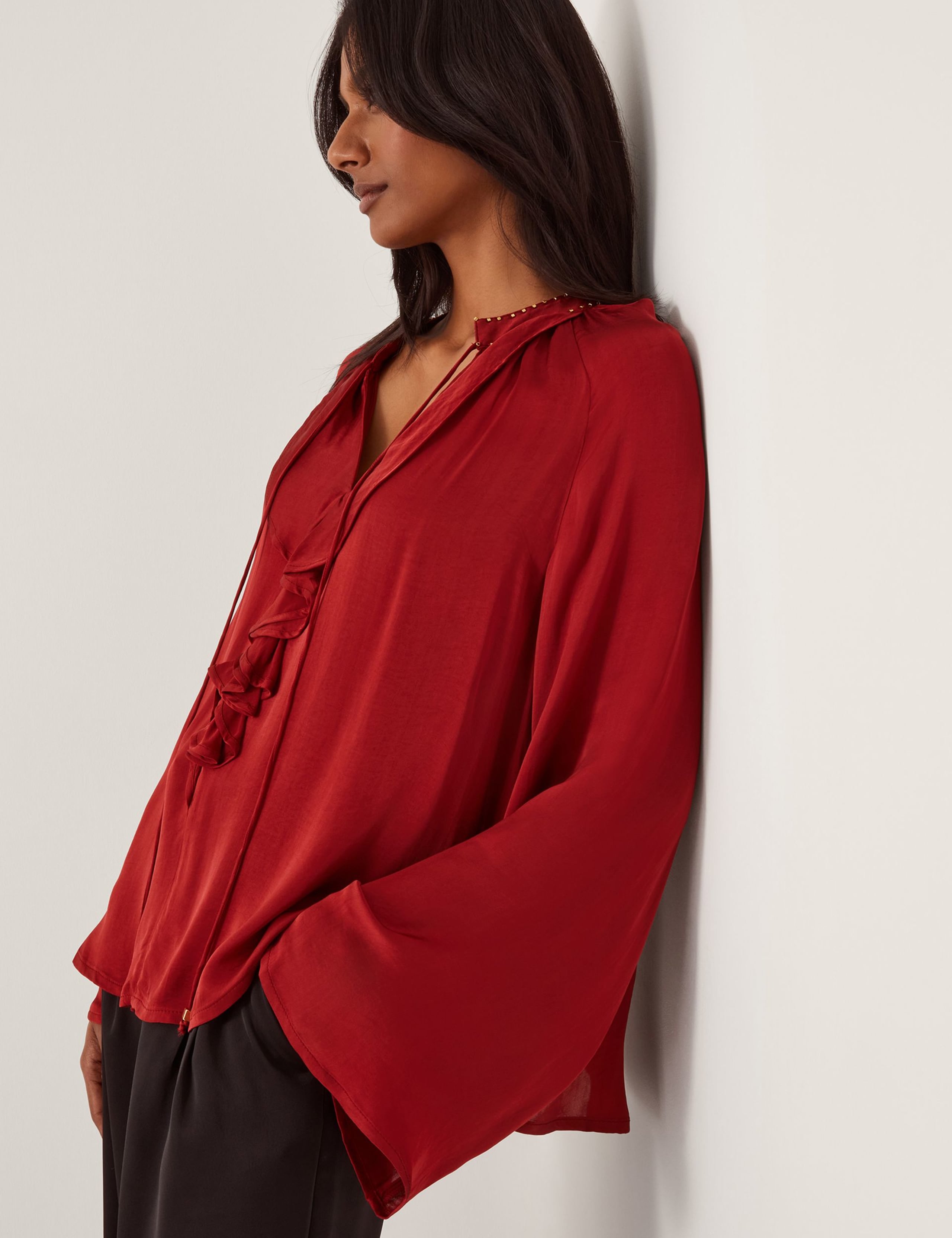 Satin V-Neck Beaded Collar Frill Blouse 4 of 5