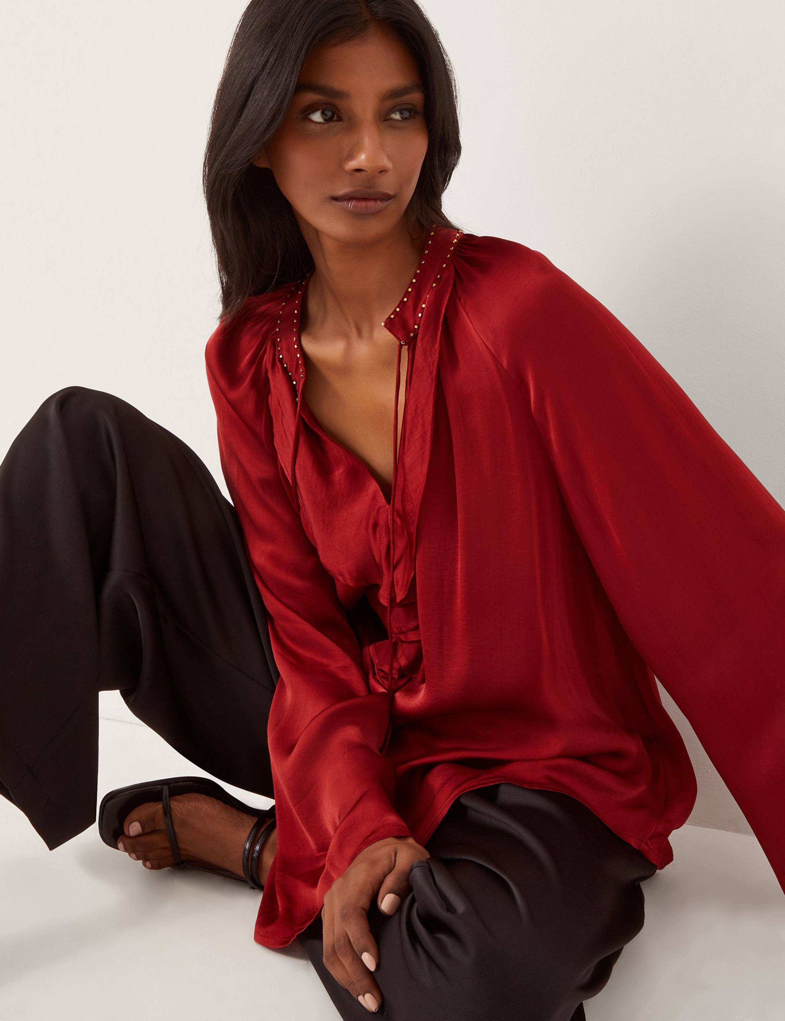 Satin V-Neck Beaded Collar Frill Blouse 5 of 5