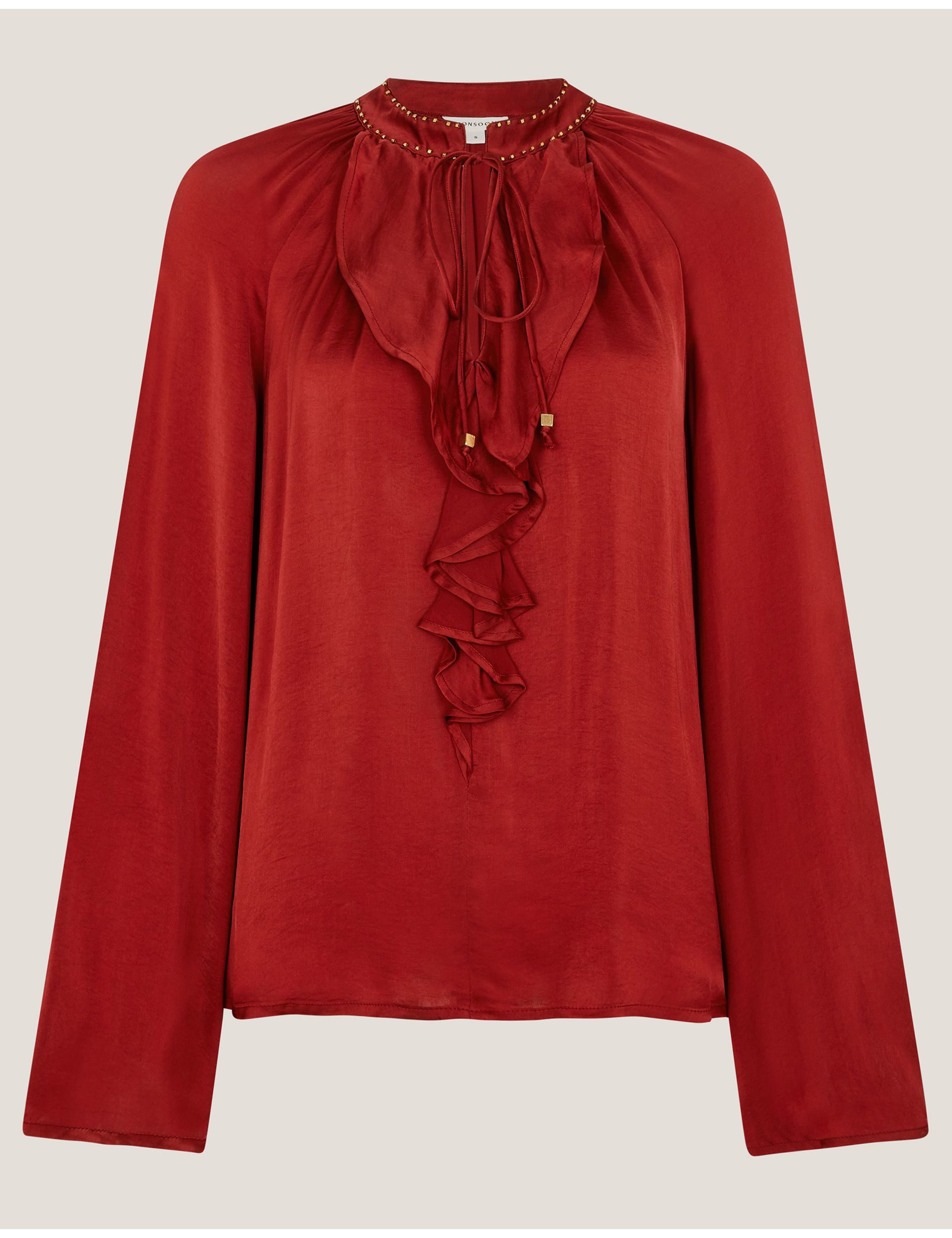 Satin V-Neck Beaded Collar Frill Blouse 2 of 5
