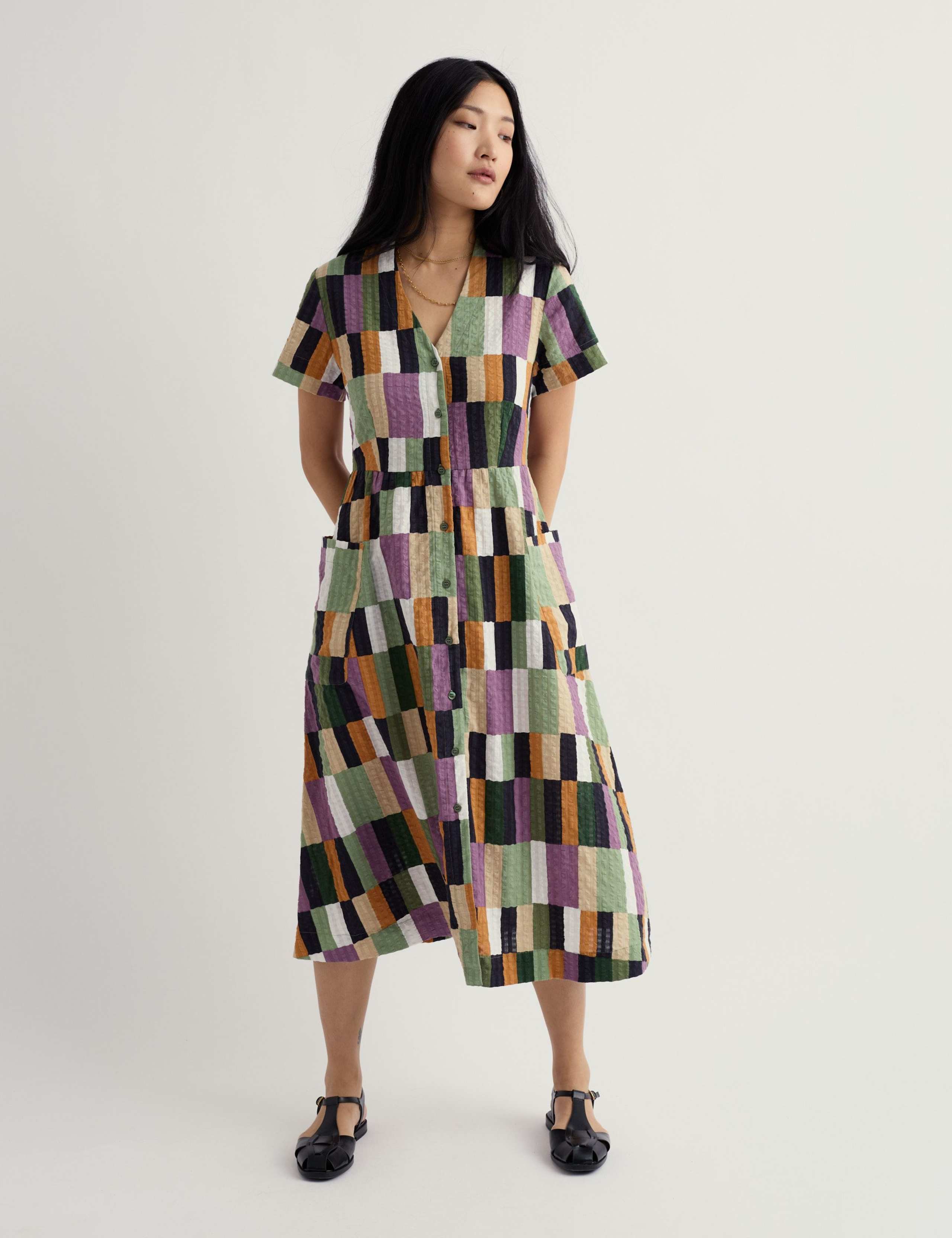 Pure Cotton Geometric V-Neck Midi Shirt Dress 3 of 6
