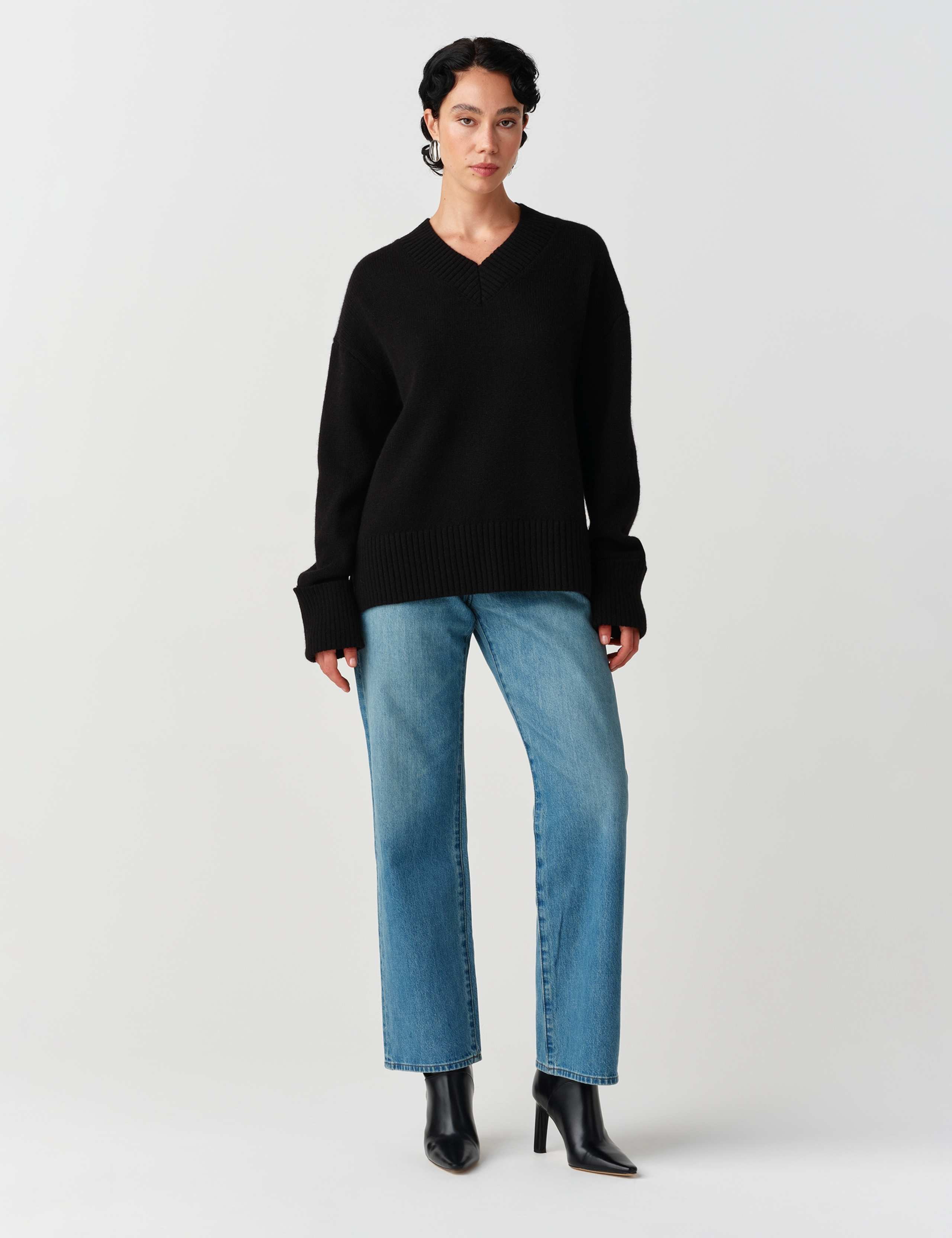 Wool Rich Ribbed V Neck Relaxed Jumper 1 of 9