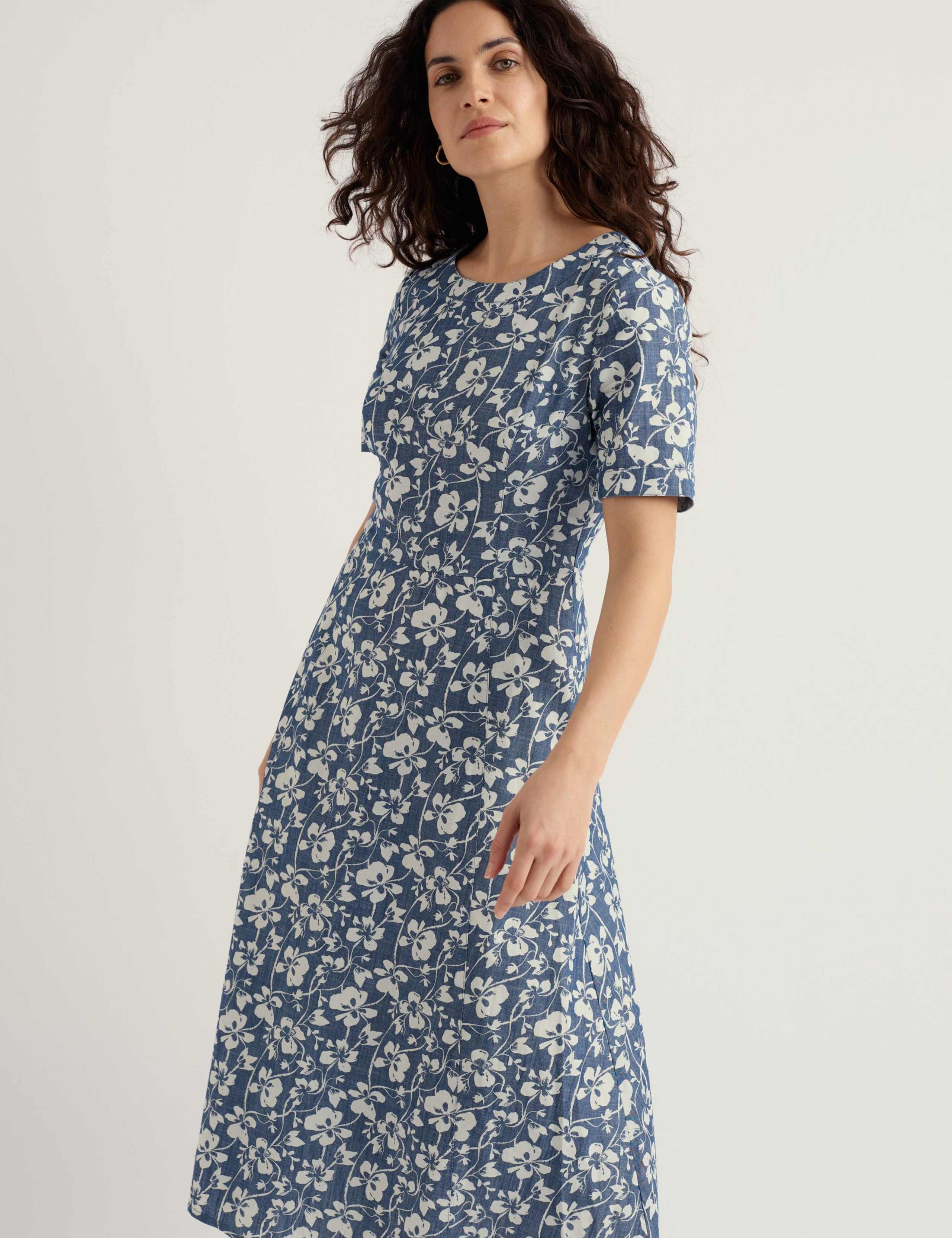 Pure Cotton Floral Midi Waisted Dress 4 of 5