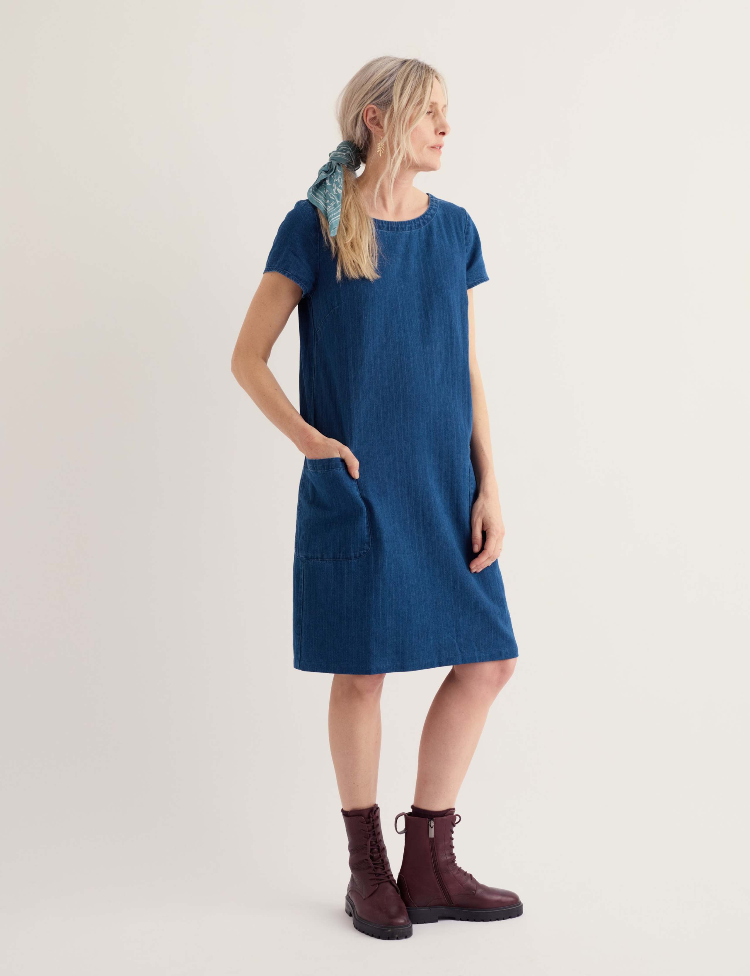 Pure Cotton Denim Textured Stripe Shift Dress 1 of 5
