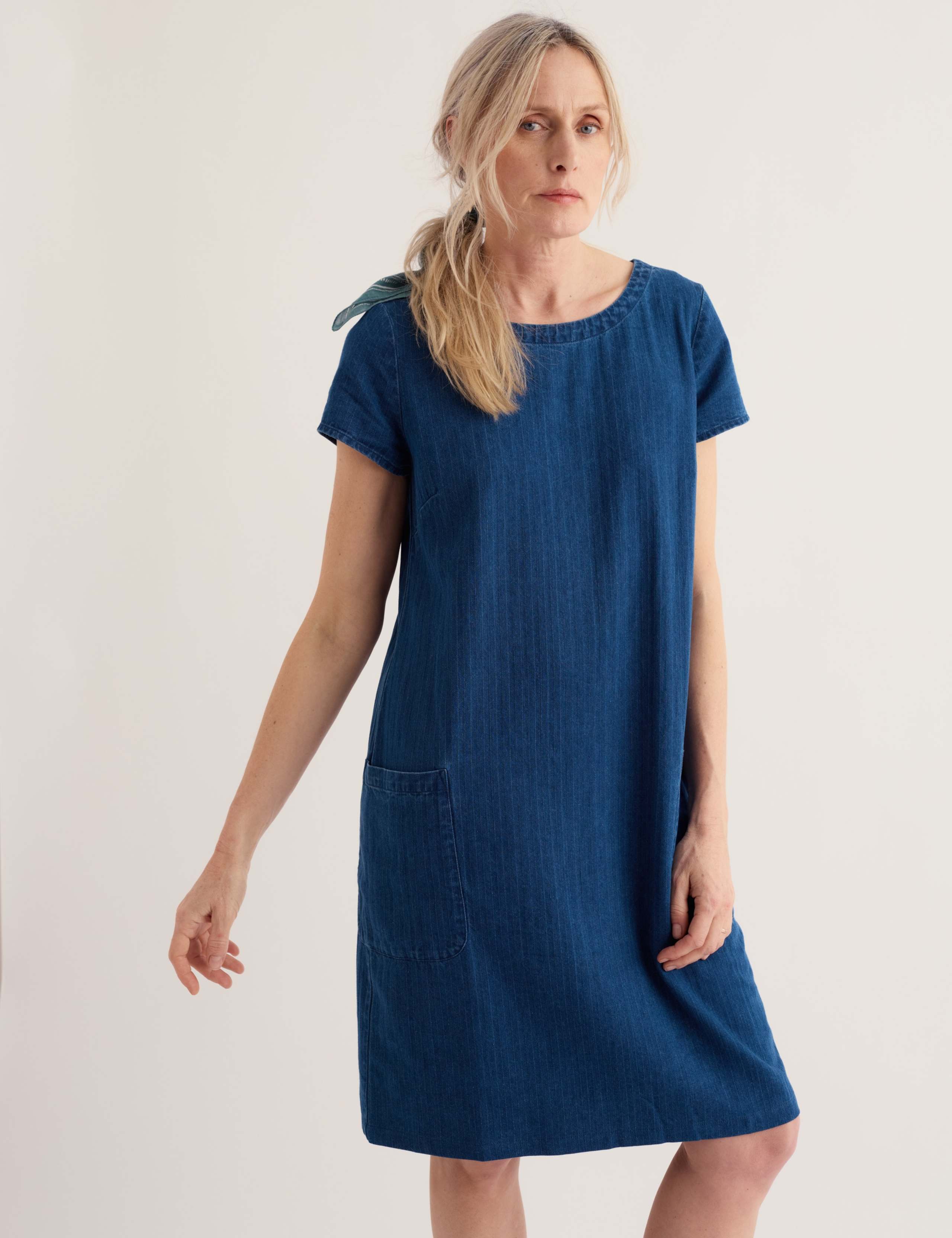 Pure Cotton Denim Textured Stripe Shift Dress 3 of 5