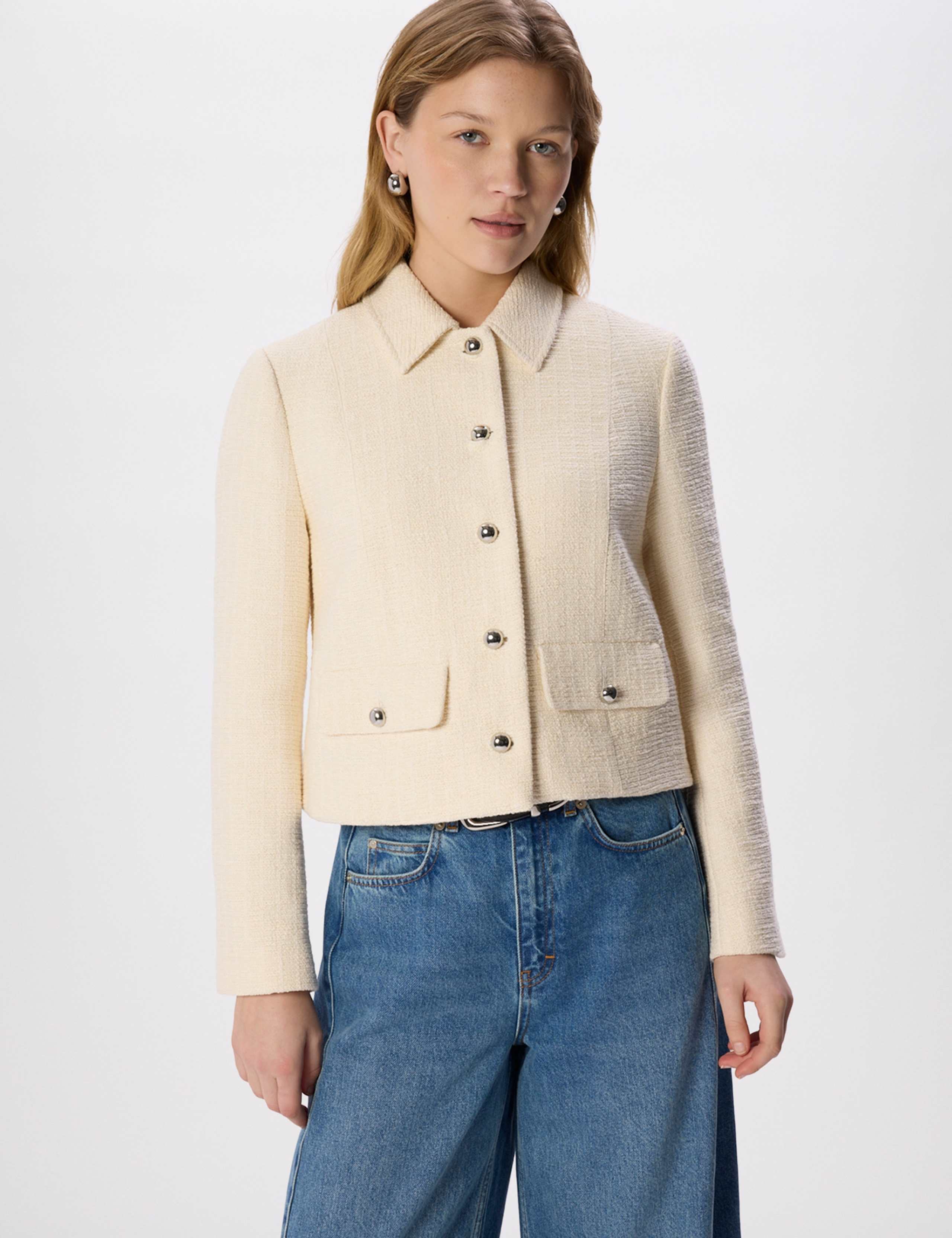 Cotton Blend Boucle Textured Cropped Jacket 1 of 6