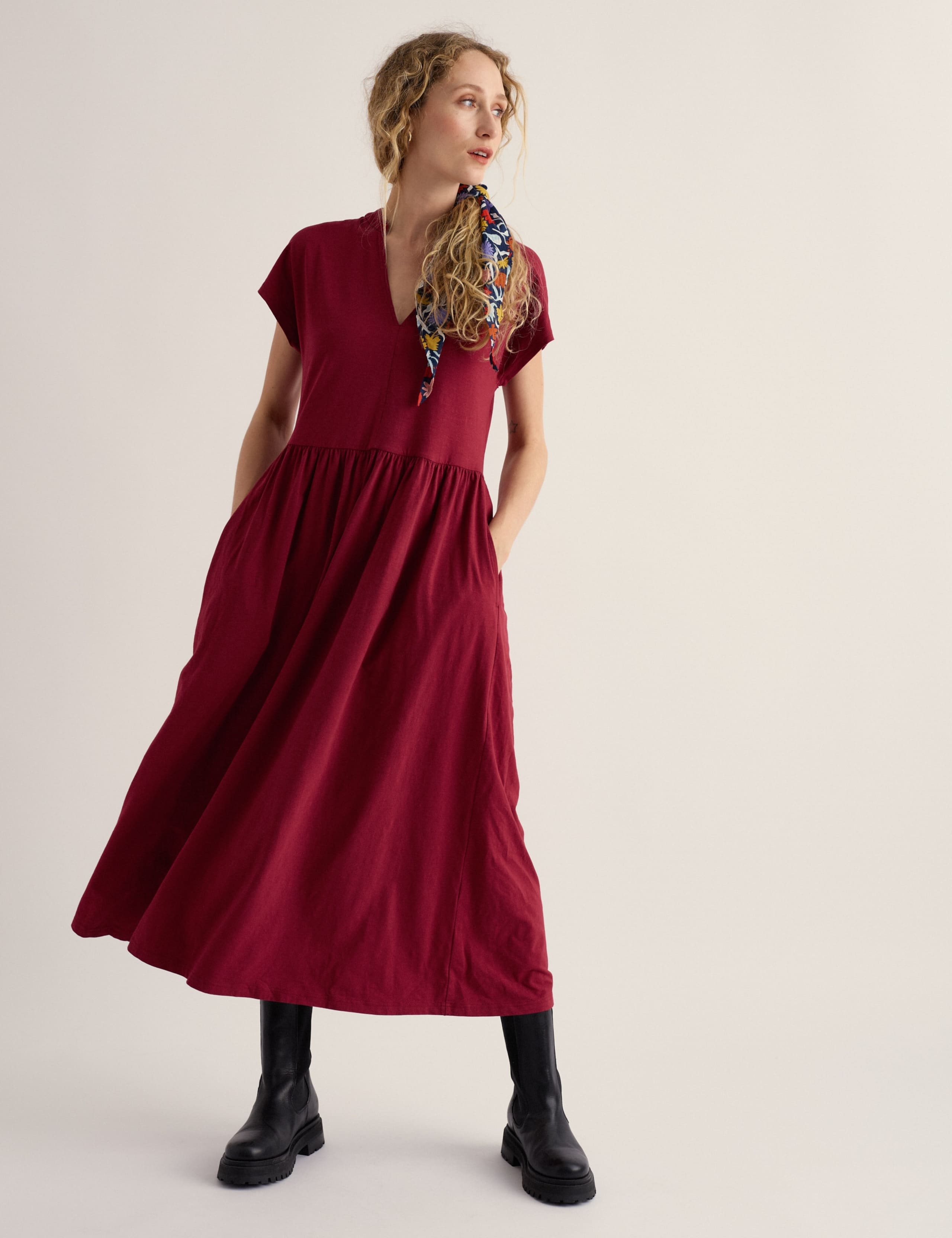Cotton Rich Notch Neck Midi Waisted Dress 3 of 5